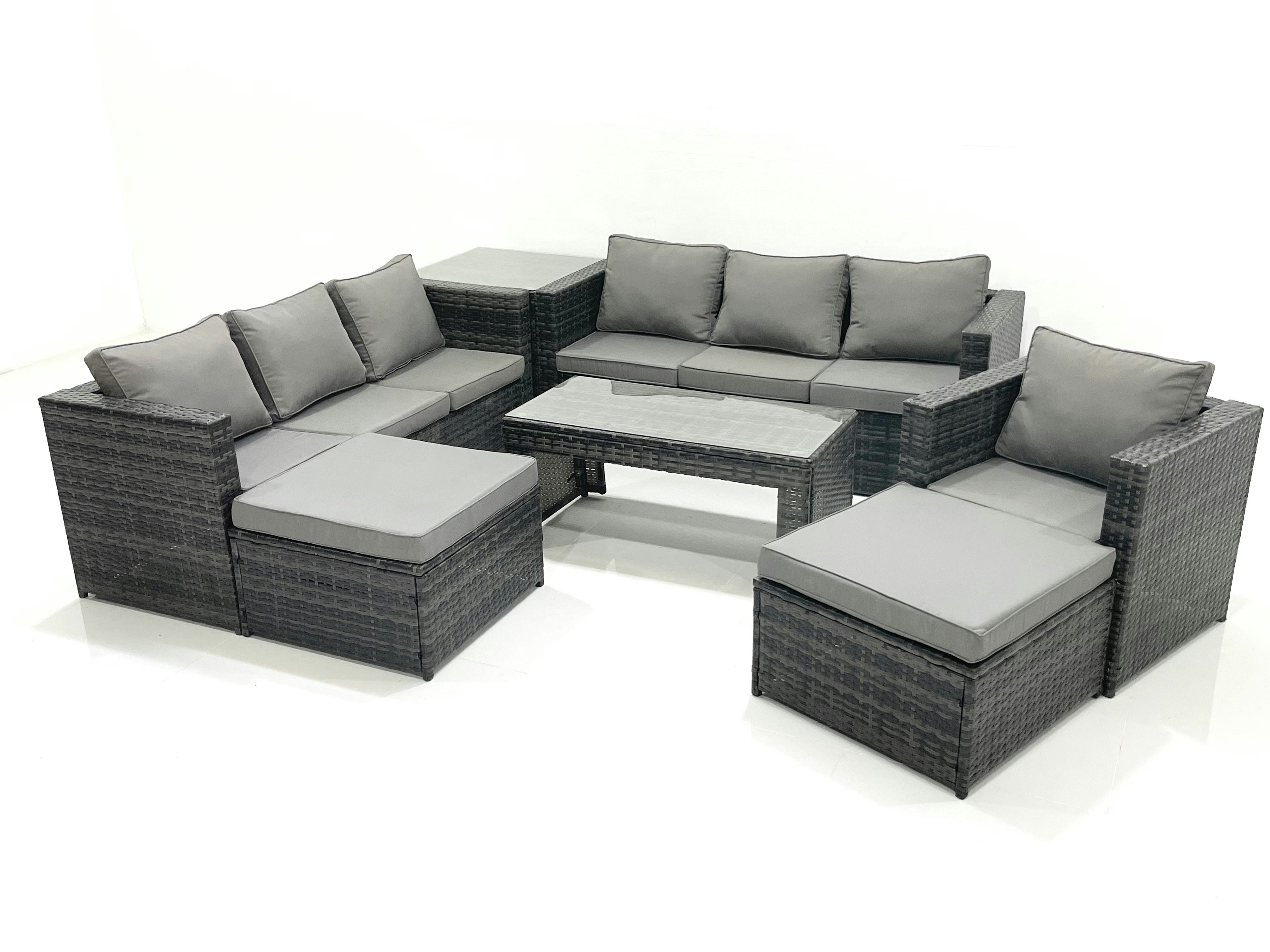 Fimous Dark/Grey 9 Seater Rattan Garden Outdoor Furniture Set With 3 Seater Sofa Coffee Table 2 Big Footstool Side Table