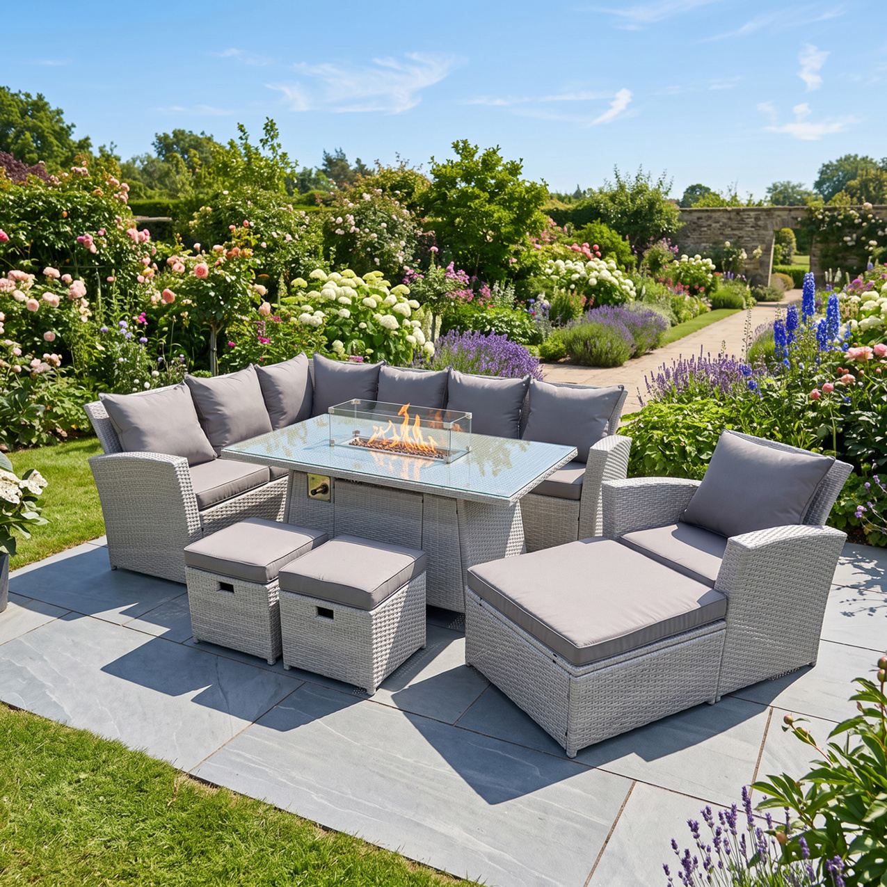 Rackhams Light/Grey 10 Seat Rattan Garden Furniture Corner Sofa Set Outdoor Gas Fire Pit Table Sets With 3 Footstools