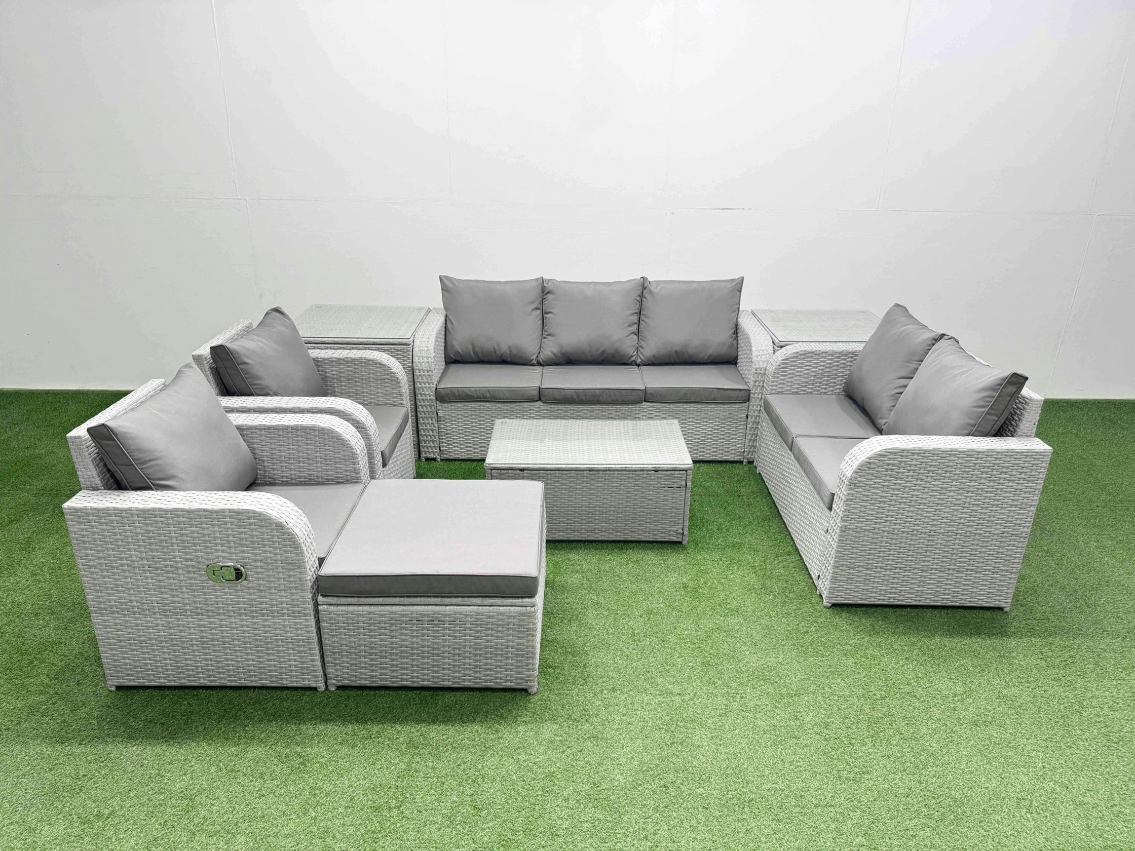 Rackhams Light/Grey Pe Rattan Outdoor Lounge Set - Adjustable Chair, Double Loveseat, Oblong Coffee Table, Footstool & 2 Side Tables