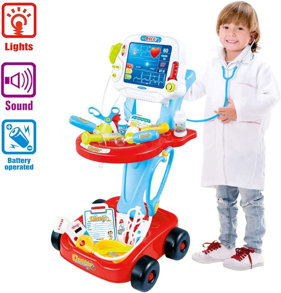 Deao Toys 17-Piece Kids Doctor Playset With Trolley & Ecg Screen – Educational Pretend Medical Kit For Ages 3+ Role Play Gift For Toddlers