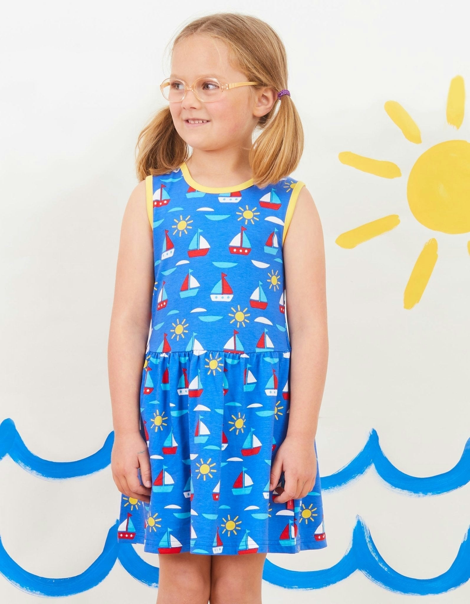 Toby Tiger Yellow Organic Boat Print Summer Dress - 6-12M / 80Cm