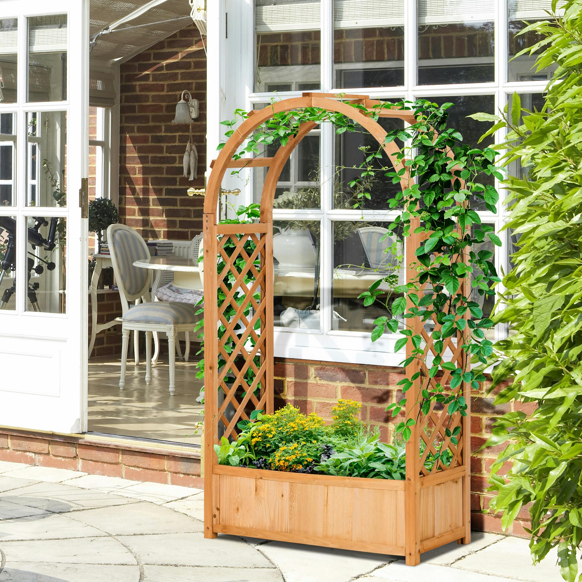 Rackhams Brown Raised Garden Bed With Arch Trellis, Garden Planter Box,