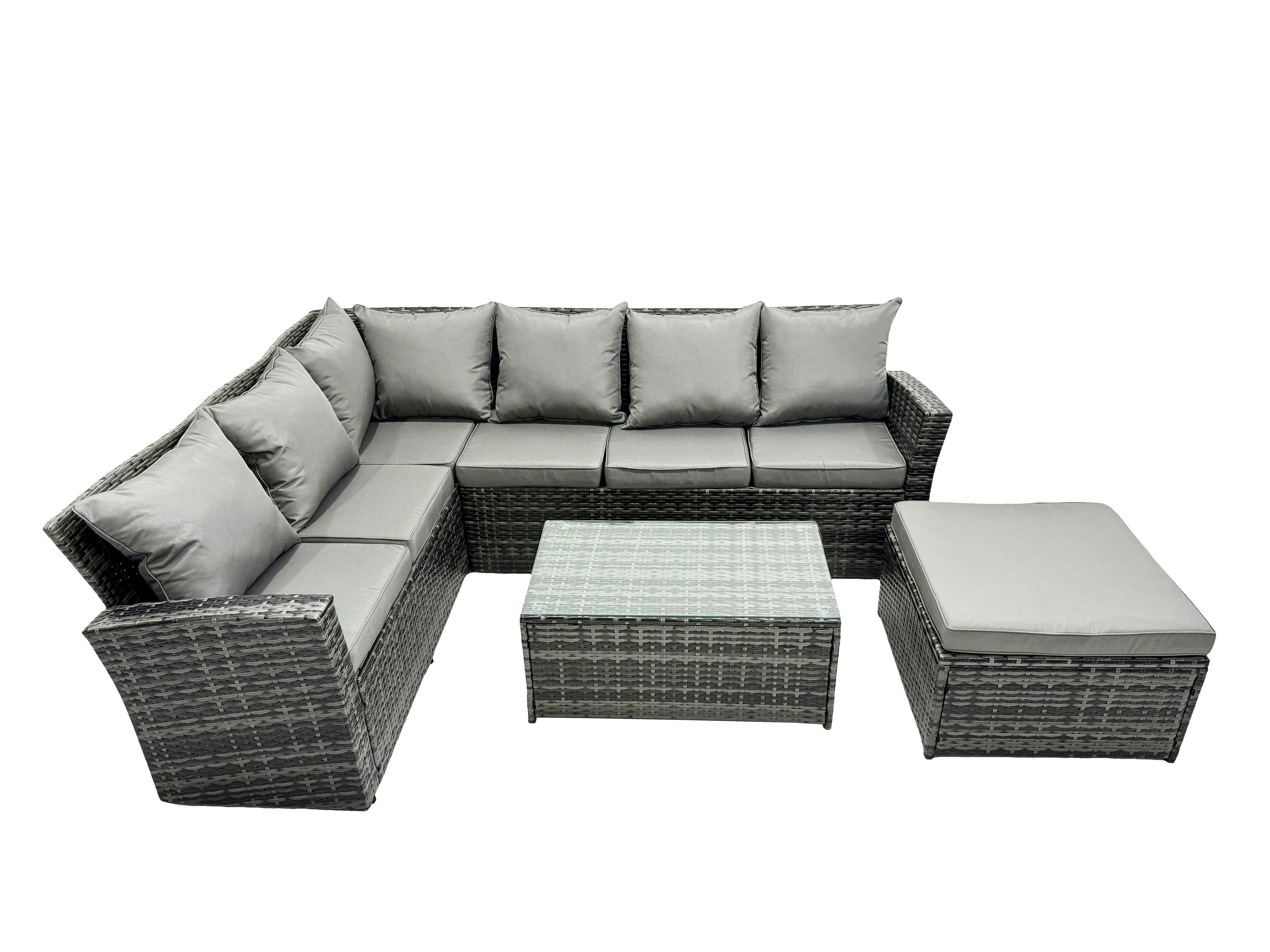 Fimous Dark/Grey 7 Seater High Back Rattan Garden Furniture Set Corner Sofa With Oblong Coffee Table Footstool