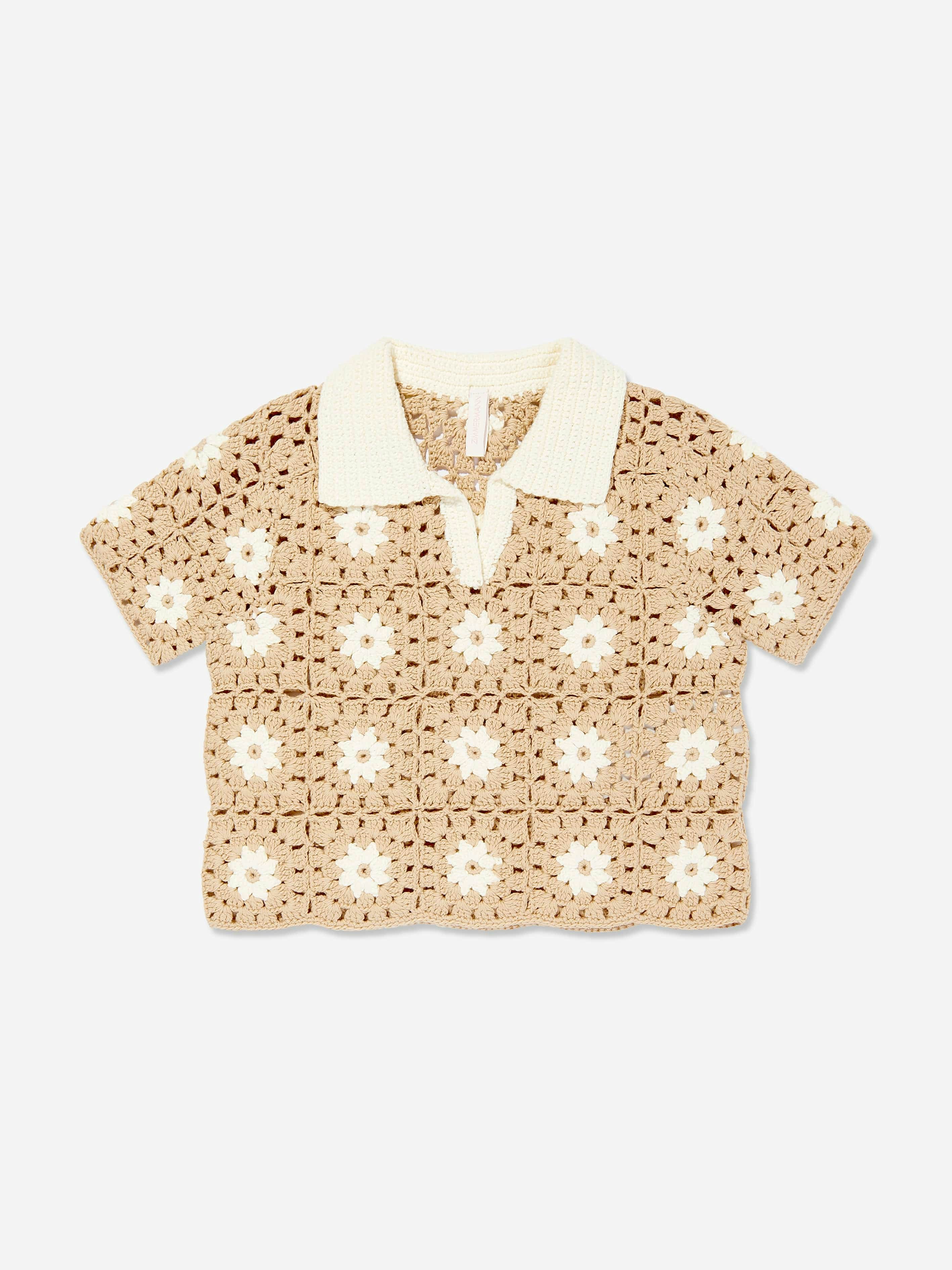 Zimmermann Girls Ivory Cascadian Crochet Polo Shirt In - 2 Yrs