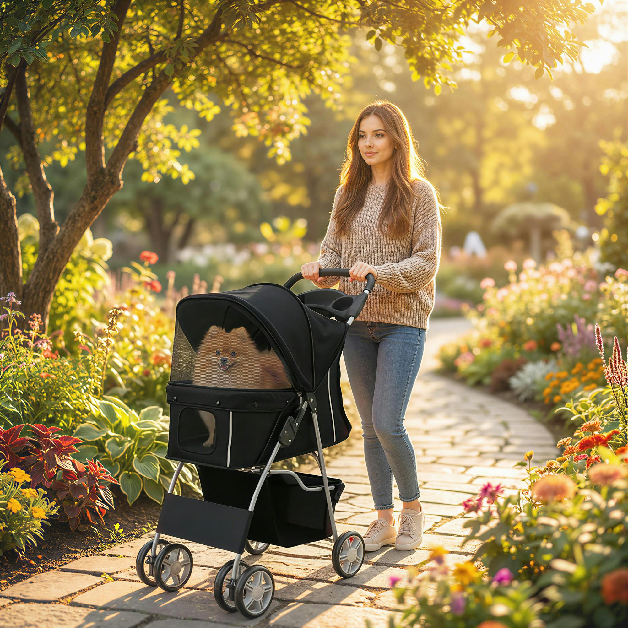 Pawhut Black Pet Stroller Carrier Foldable Deluxe Walk Travel Dog