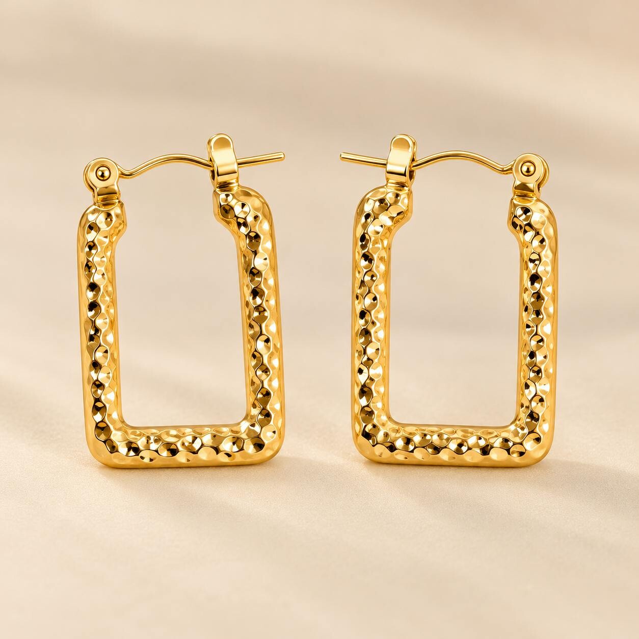 The Colourful Aura Women's Gold Plated Hammered Rectangle Hoop Earrings - Image 4