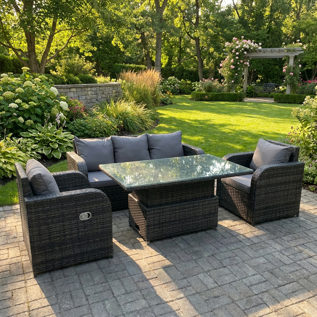 Fimous Dark/Grey 5 Seater Rattan Outdoor Garden Furniture Set With Adjustable Dining Or Coffee Table, Sofa, 2 Reclining Chairs