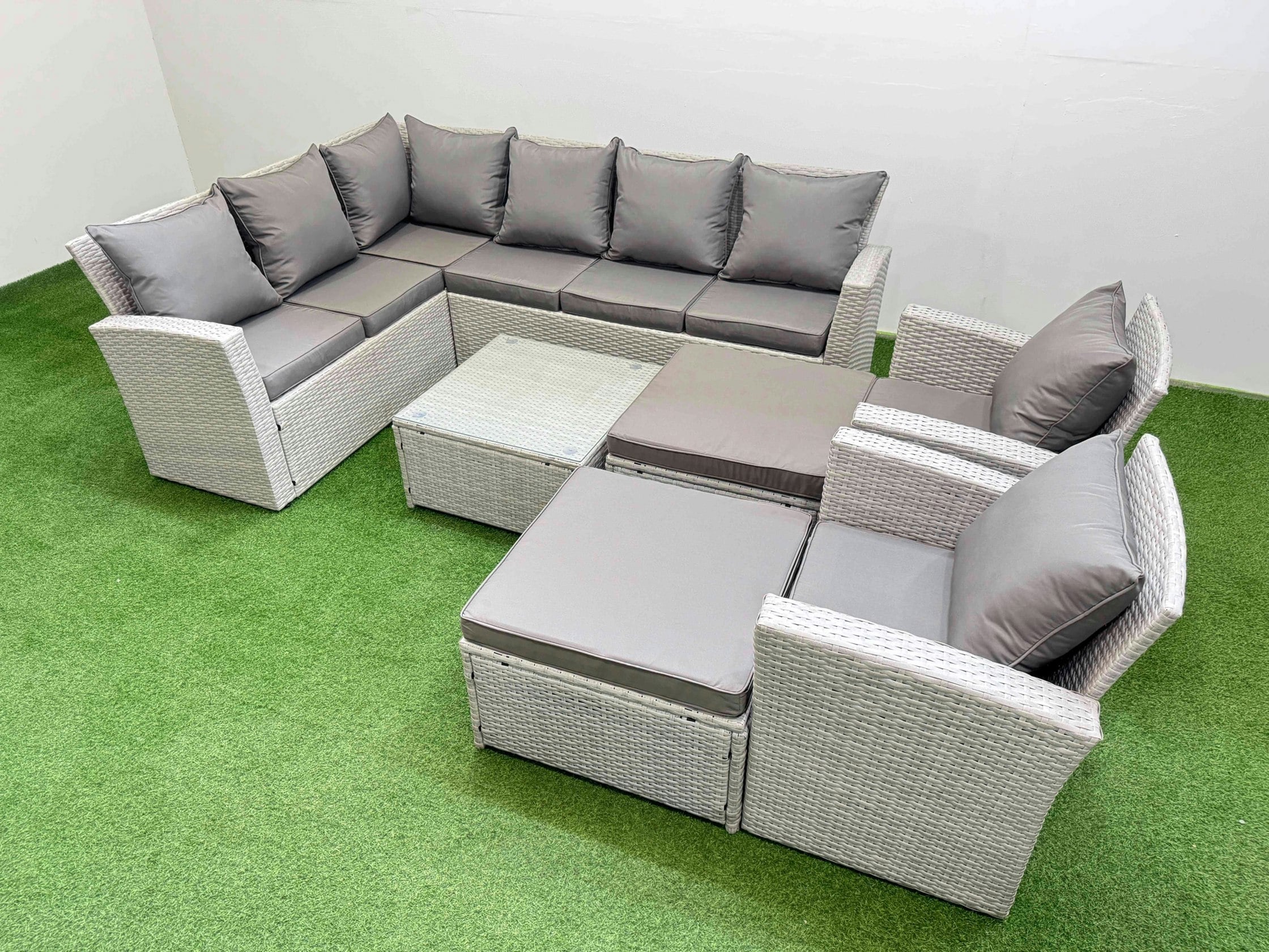 Fimous Light/Grey Outdoor Rattan Garden Furniture Set 10 Seater Corner Sofa Sets With Square Coffee Table Chair Big Footstools Mixed