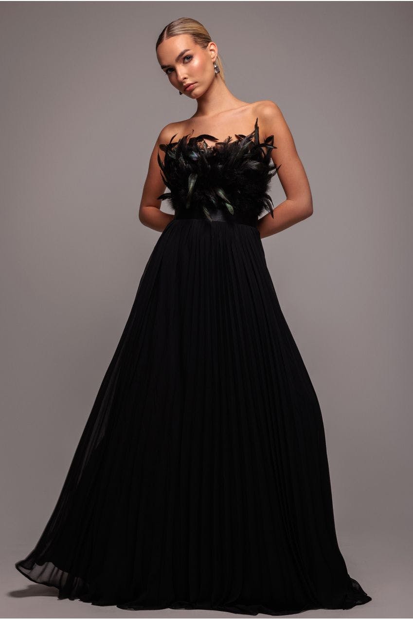 Goddiva Black Feather Off The Shoulder Pleated Evening Maxi Dress - By - 8