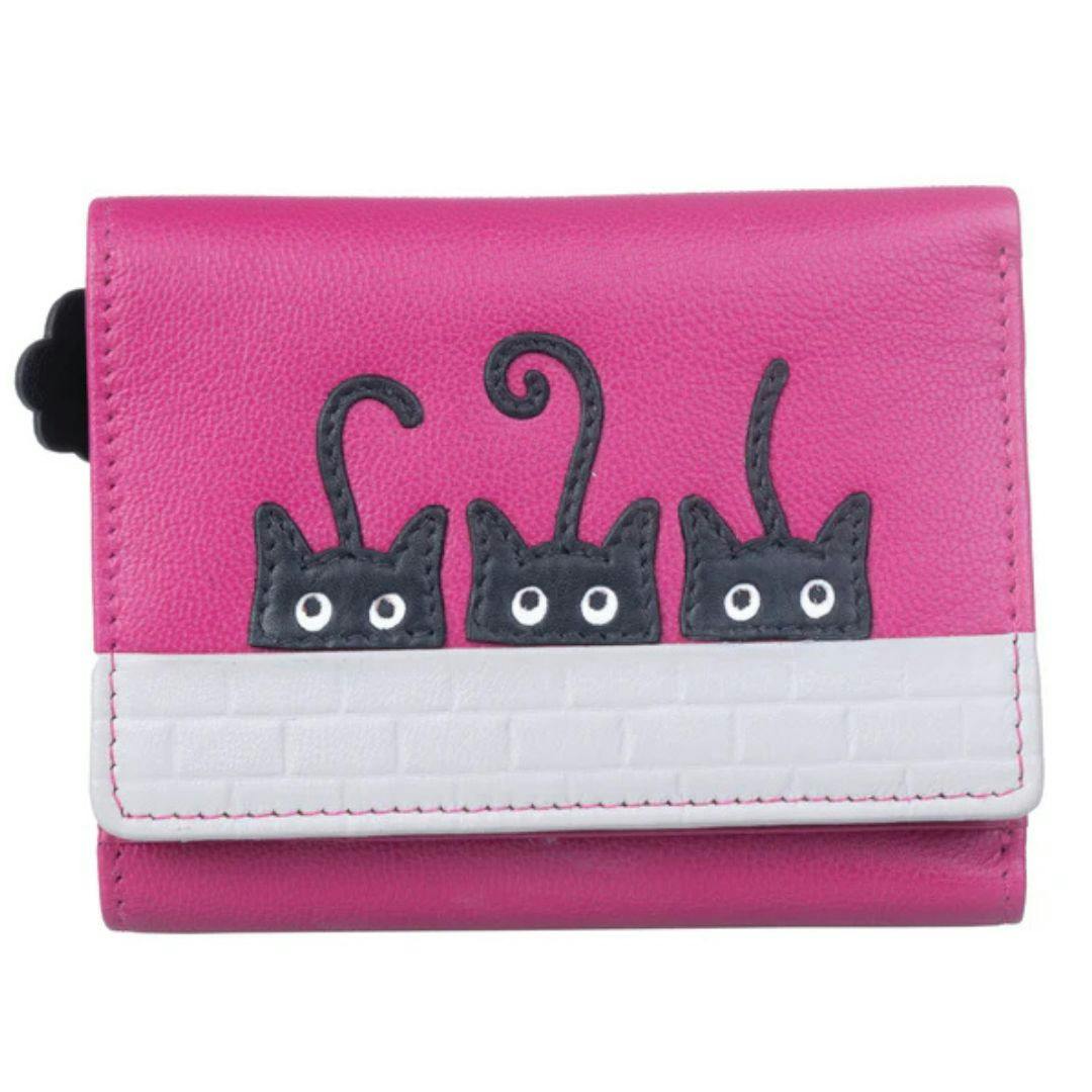 Mala Leather Black/Pink Peek-A-Boo Cats Small Leather Tri-Fold Purse