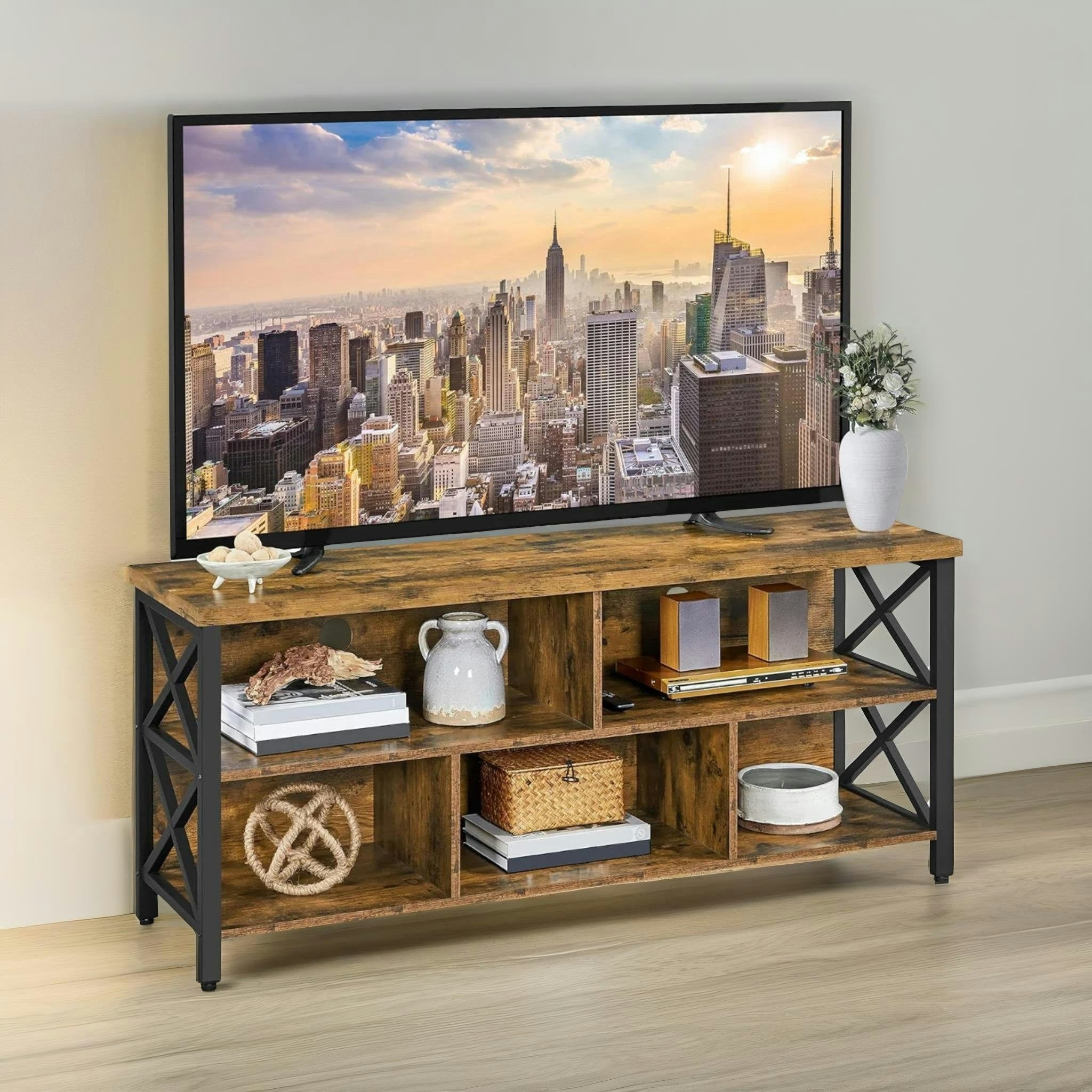 Rafaelo Mobilia Brown 3 Tier Tv Stand Unit With Open Shelves Rustic