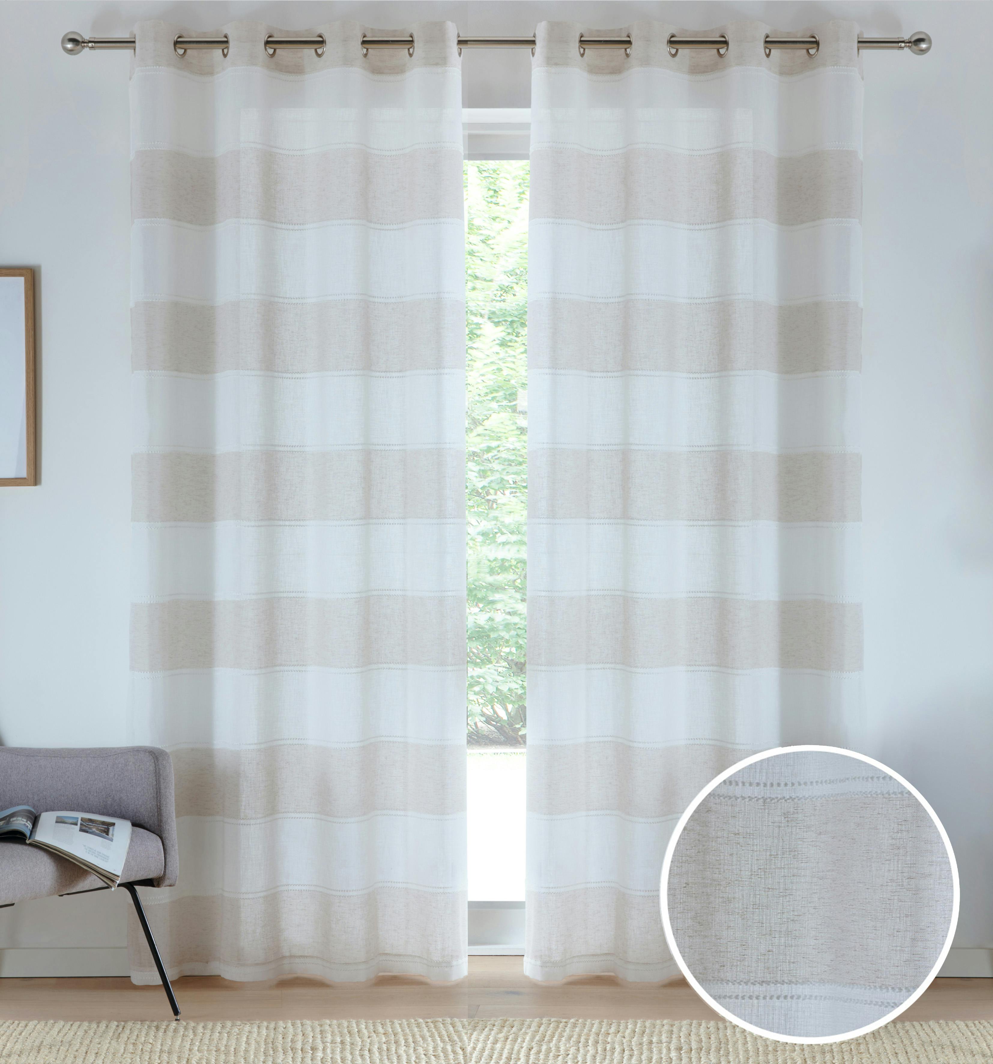 Tyrone Textiles Light Eyelet Header Linen-Look Modern Striped Voile Panel - Pair - Natural - 57" (145Cm) Width X 72" (183Cm) Drop
