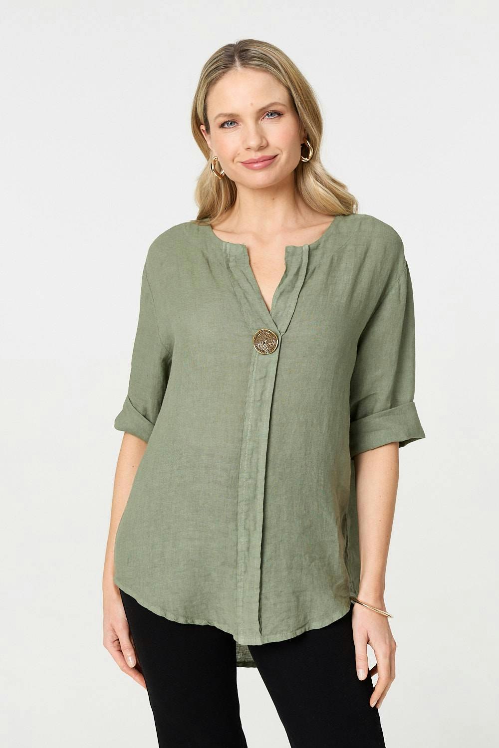 Izabel London Button Detail 1/2 Sleeve V-Neck Blouse - Khaki - 10