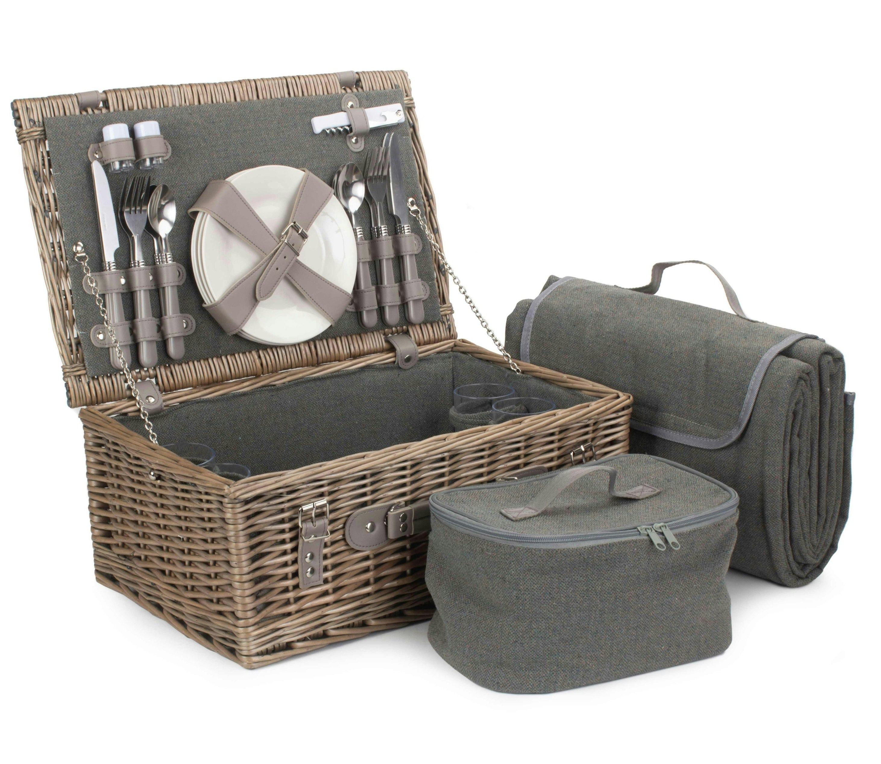 Rackhams Grey Tweed Wicker Fitted Picnic Basket - 4 Person