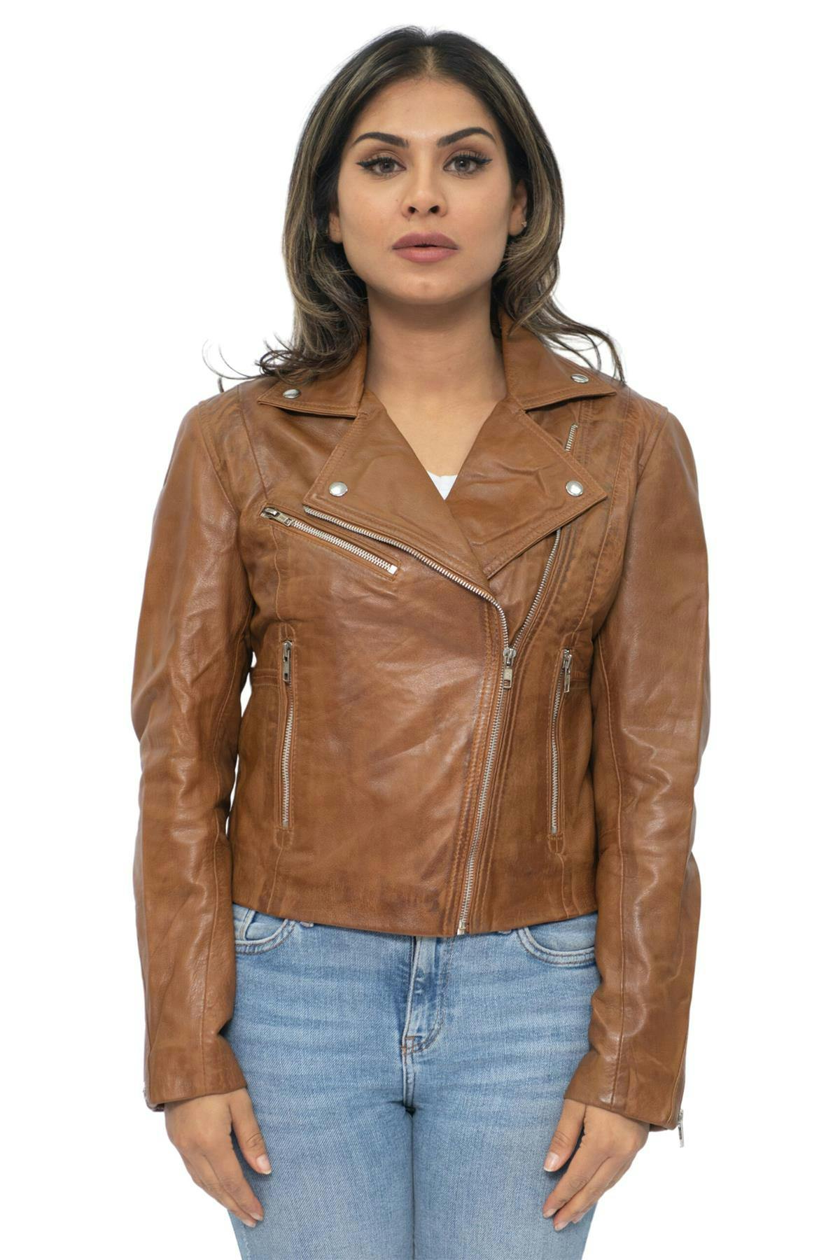 Infinity Leather Women's Silver/Black/Red Leather Biker Jacket-Zanzibar - Tan - Uk S/10 | Eu 36 | Us 6