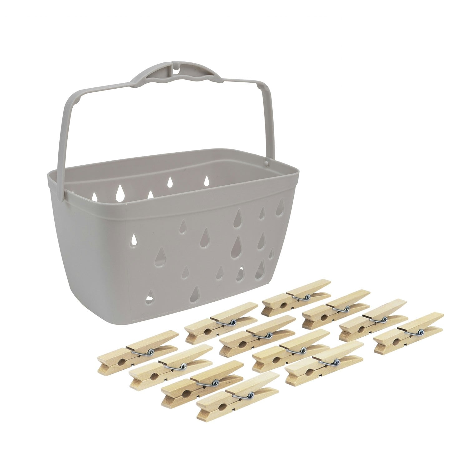 Jvl Grey/Brown Plastic Peg Basket, With 102 Birch Wood Pegs,