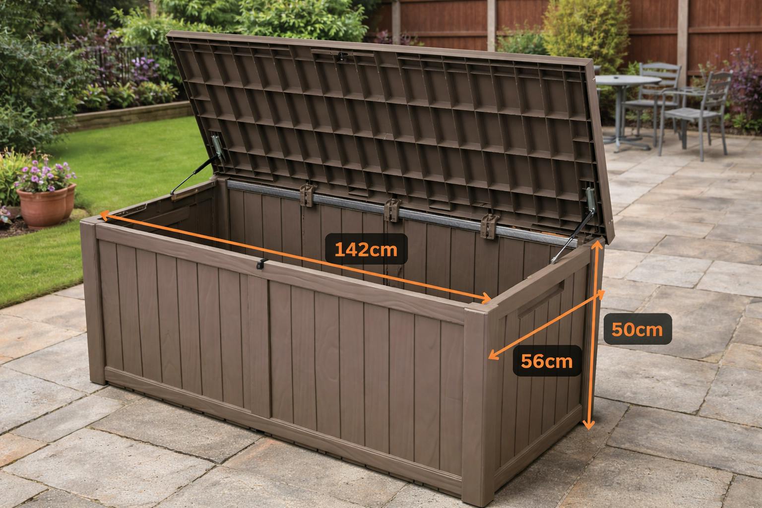 Glendale Dark/Brown Resin Garden Storage Boxes 270L & 380L - Lockable Outdoor Storage With Hydraulic Lid