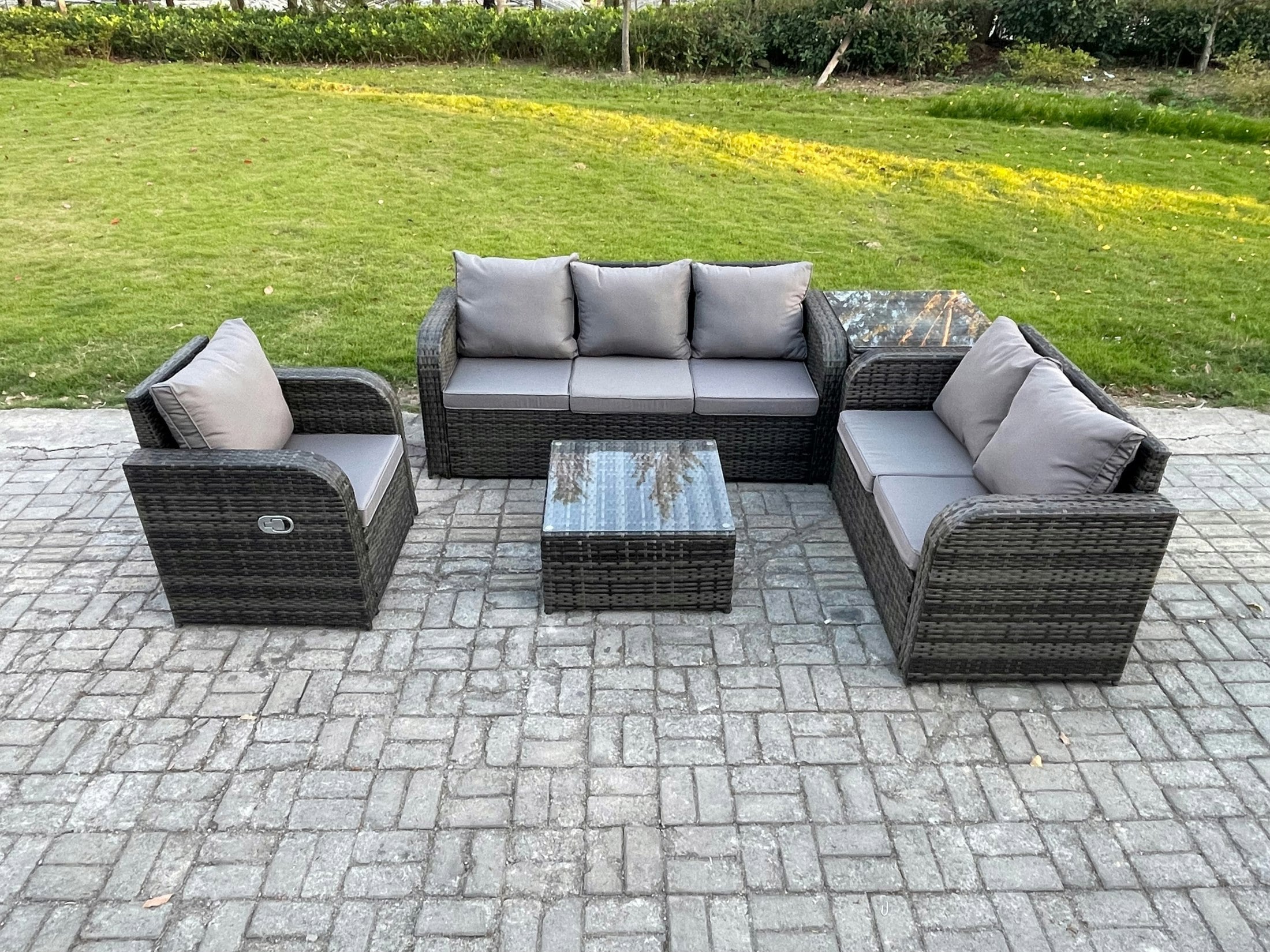 Rackhams Dark/Grey Rattan Garden Furniture 5 Piece Patio Set With Table Sofa Square Coffee Table Reclining Chair Loveseat Sofa Side Table