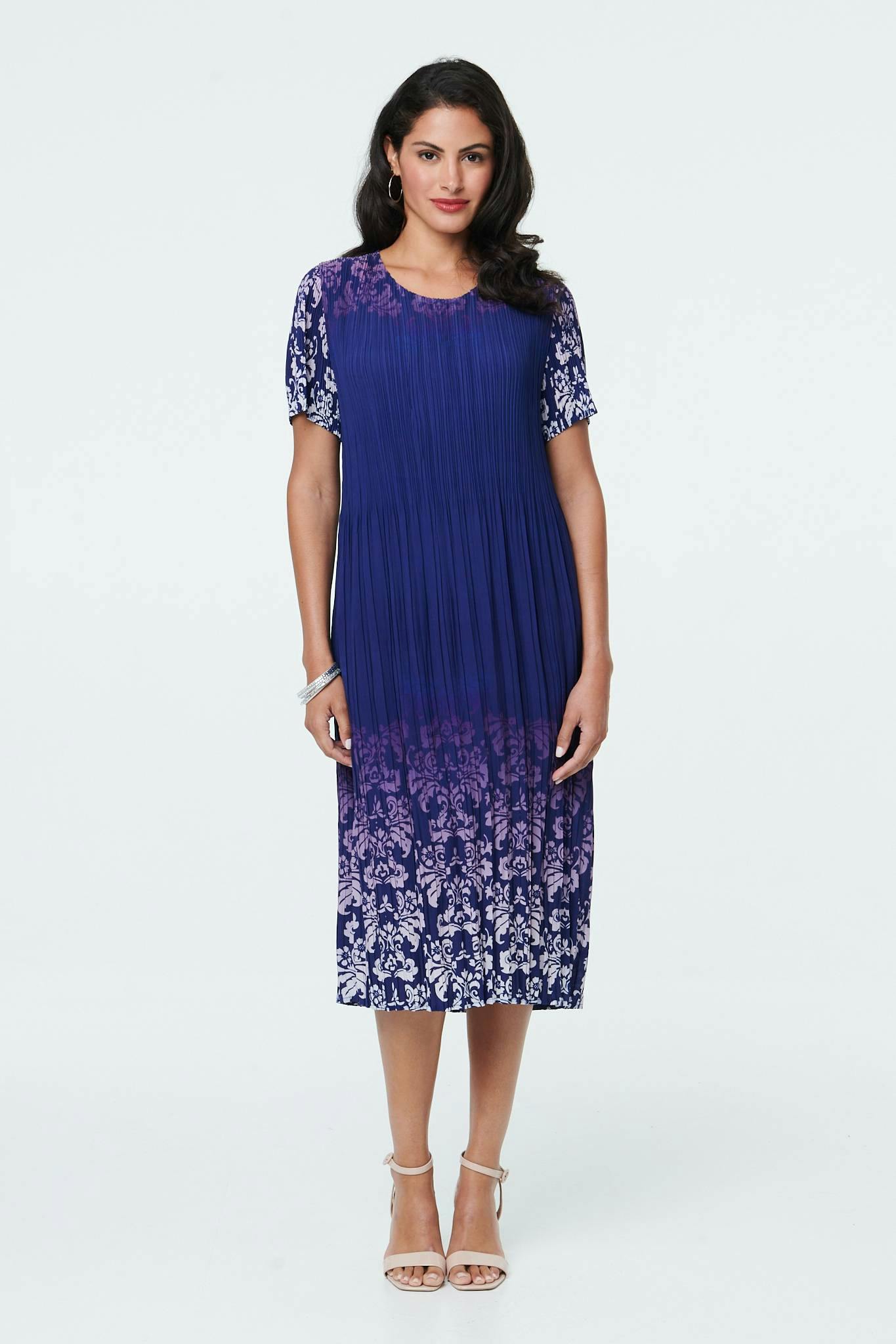 Izabel London Border Print Pleat Texture Midi Dress - S/M - Navy