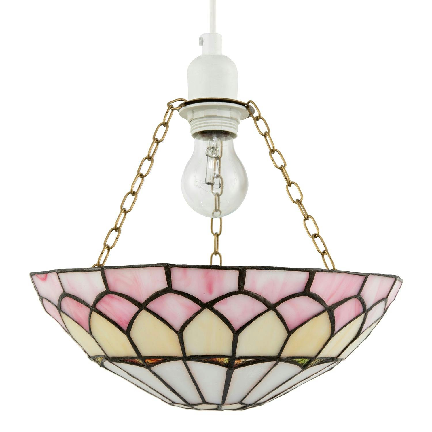 Happy Homewares Pink/Light Pale Stained Glass Domed Tiffany Pendant Shade With Chains