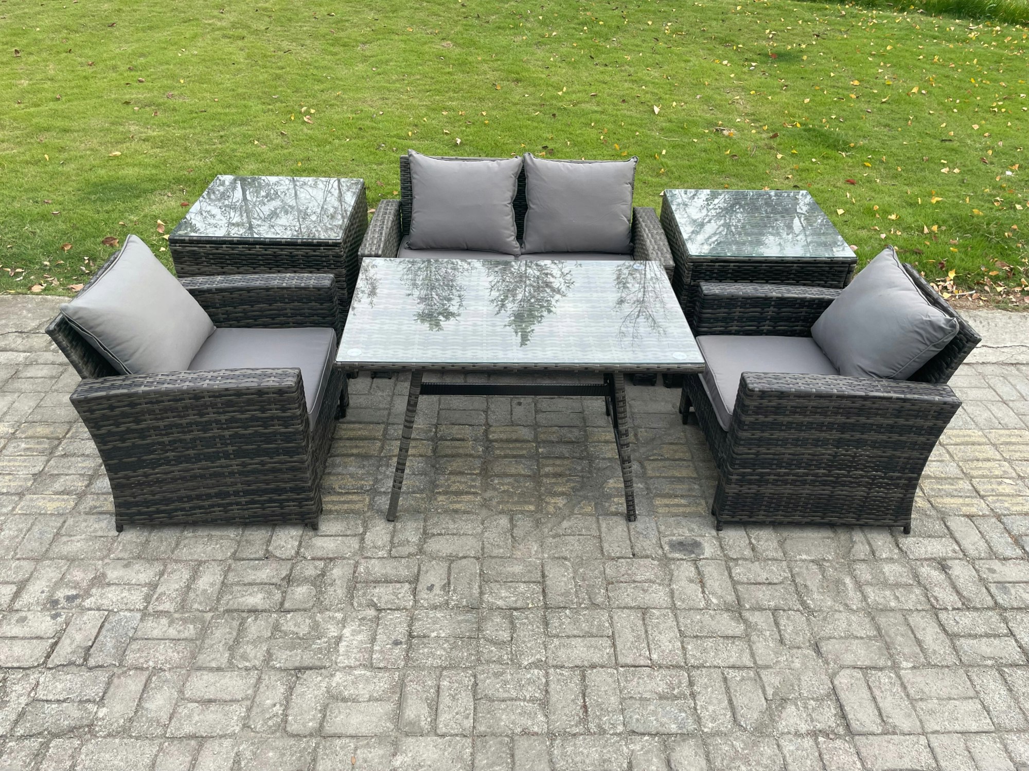 Fimous Dark/Grey Outdoor Garden Furniture High Back Rattan Sofa Dining Table Set With 2 Side Tables Mixed