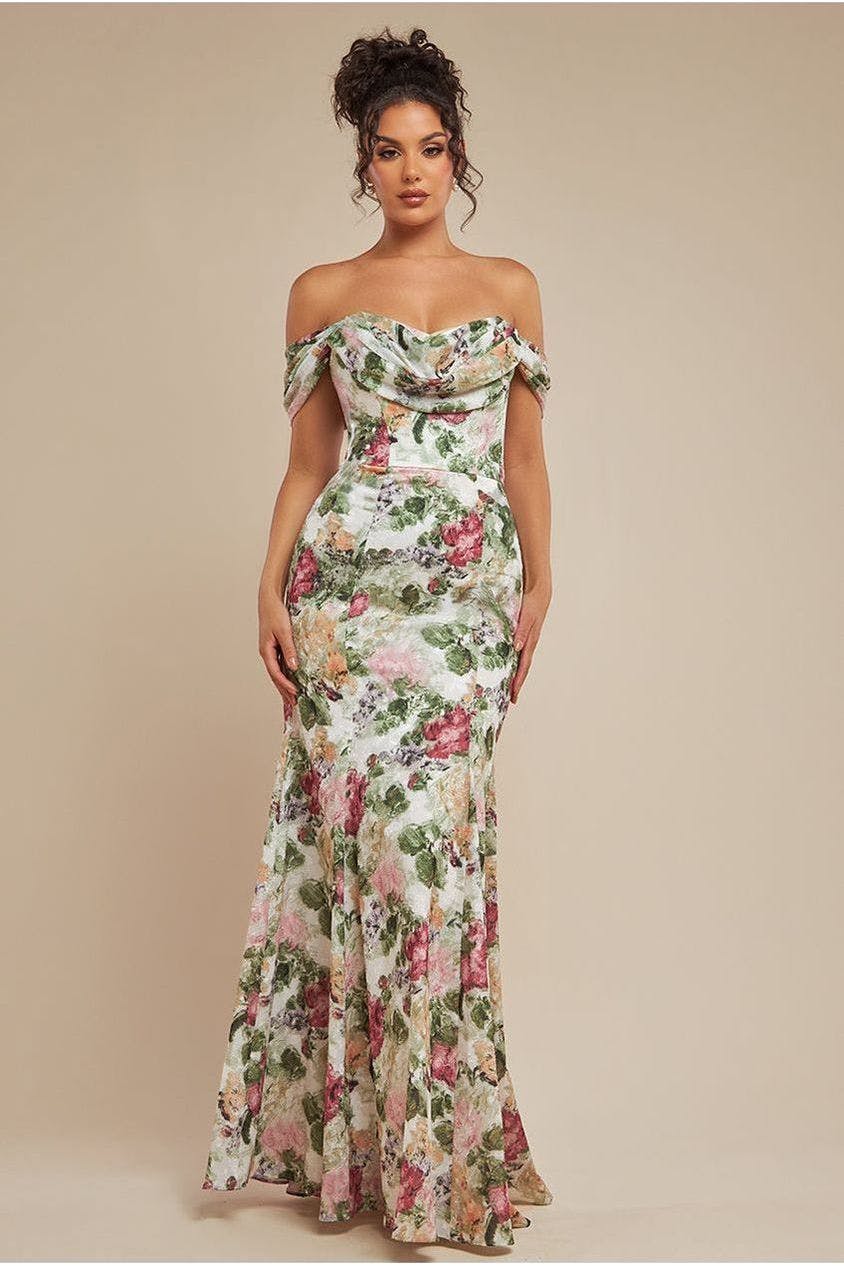 Goddiva Cream Cowl Neck Floral Print Jacquard Chiffon Maxi Dress - By - 18