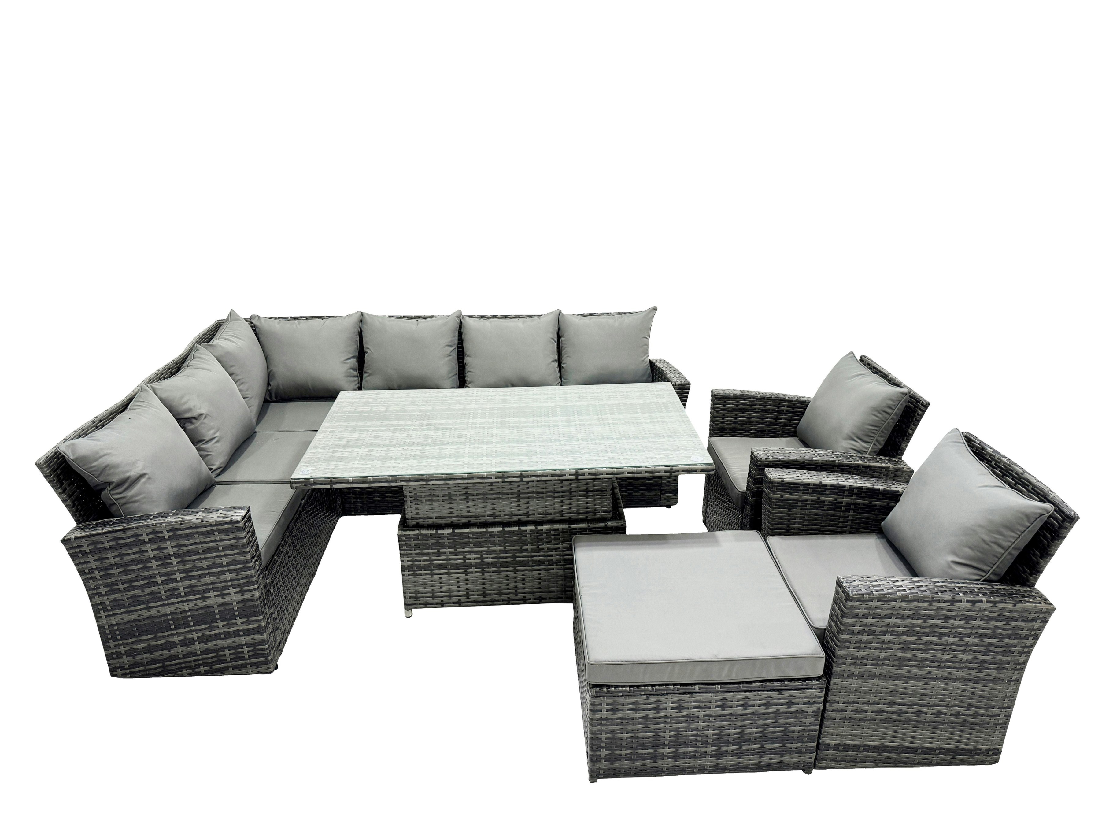 Fimous Dark/Grey Poly Rattan Outdoor Patio Height Adjustable Rising Lifting Table Corner Sofa Set With Big Stool,2 Chairs For Garden Backyard Mixed