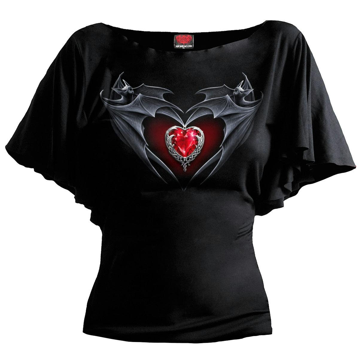 Spiral Direct Black Bat's Heart - Boat Neck Bat Sleeve Top - M - Digital - Digital