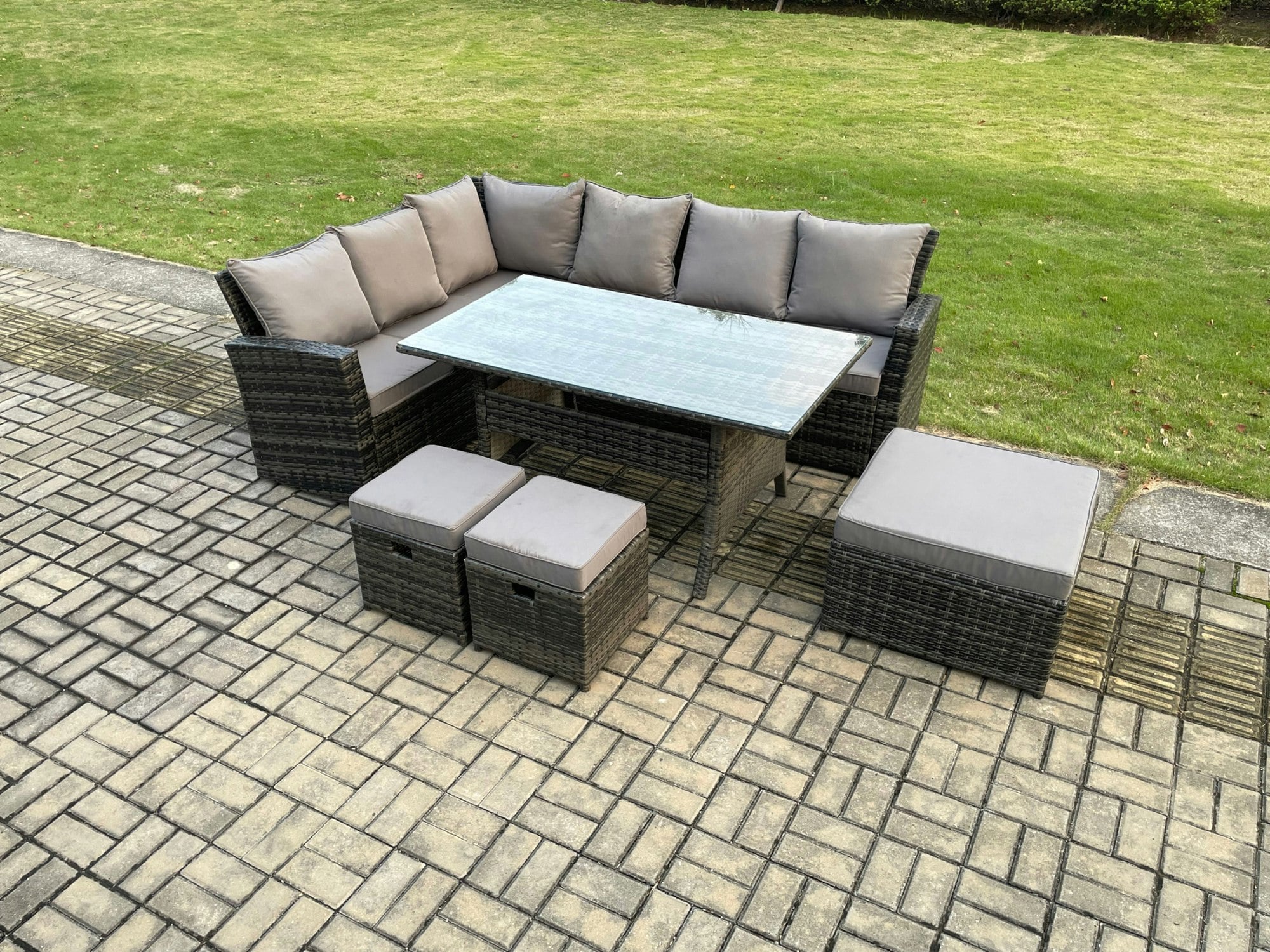 Rackhams Dark/Grey 9 Seater Garden Rattan Furniture Corner Dining Set With 3 Footstools Indoor Outdoor Lounge Sofa Set Mixed