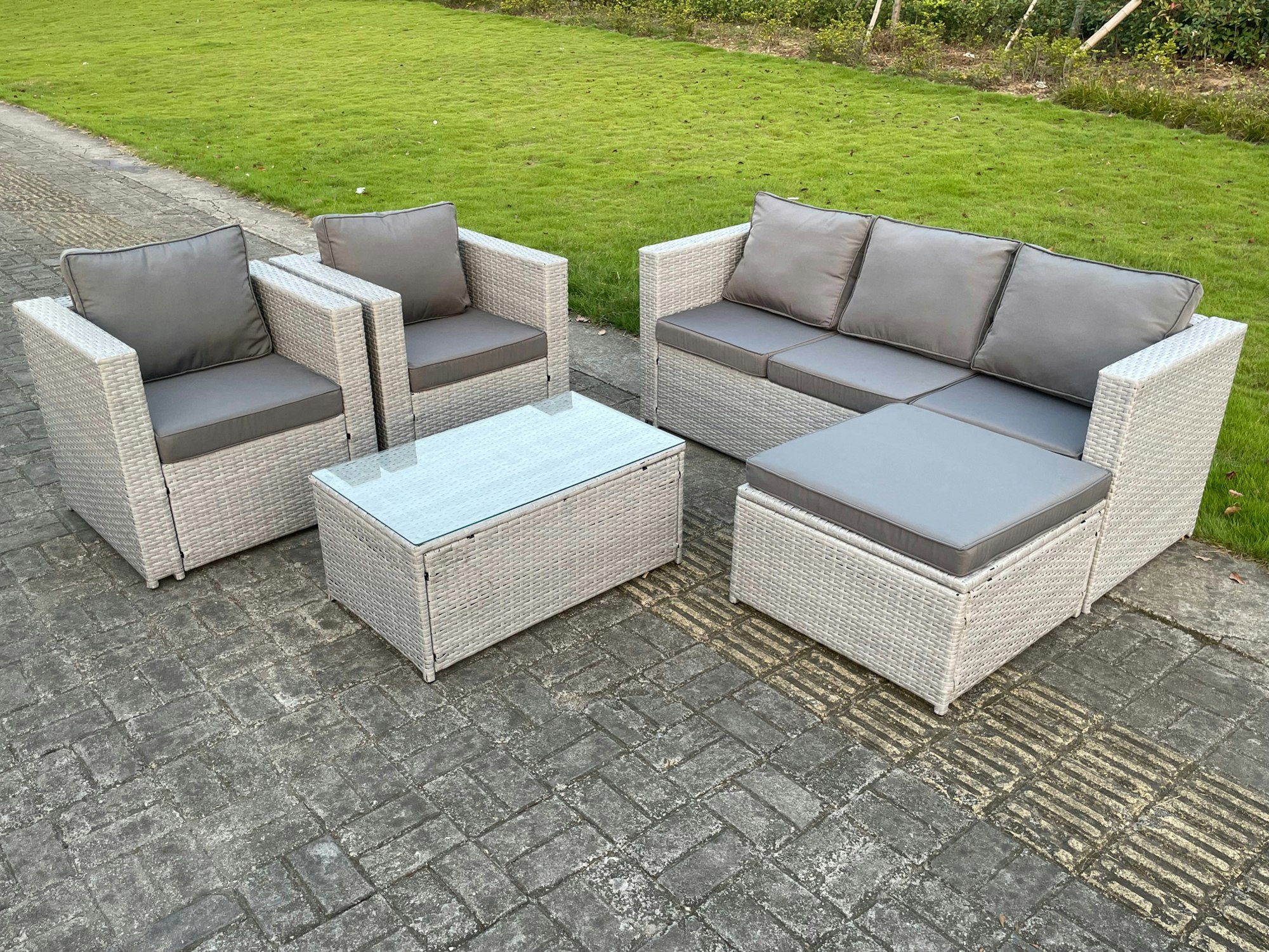 Fimous Light/Grey Lounge Outdoor Pe Rattan Garden Furniture Set Wicker Sofa Set Oblong Coffee Table With 2 Armchair