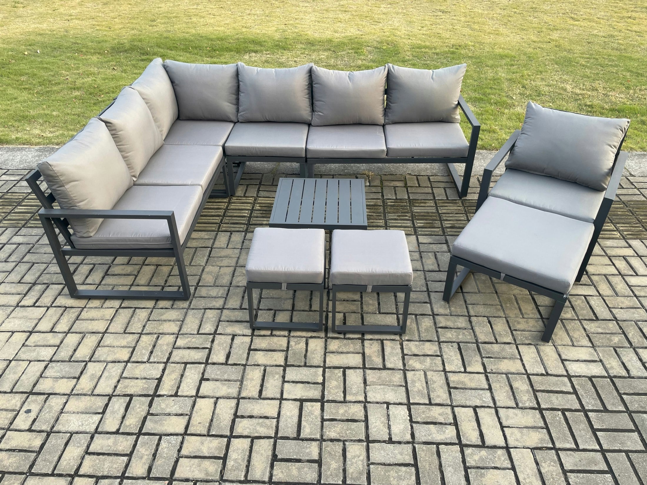 Fimous Dark/Grey 10 Seater Outdoor Lounge Corner Sofa Set Aluminium Garden Furniture Sets With Square Coffee Table Chair 3 Footstools