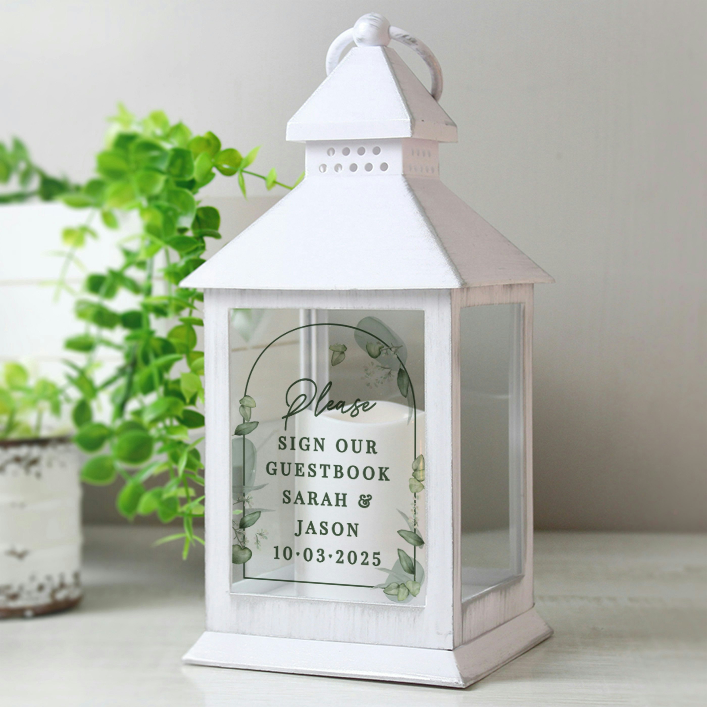 Personalised Memento Company White/Orange Personalised Botanical Wedding Lantern
