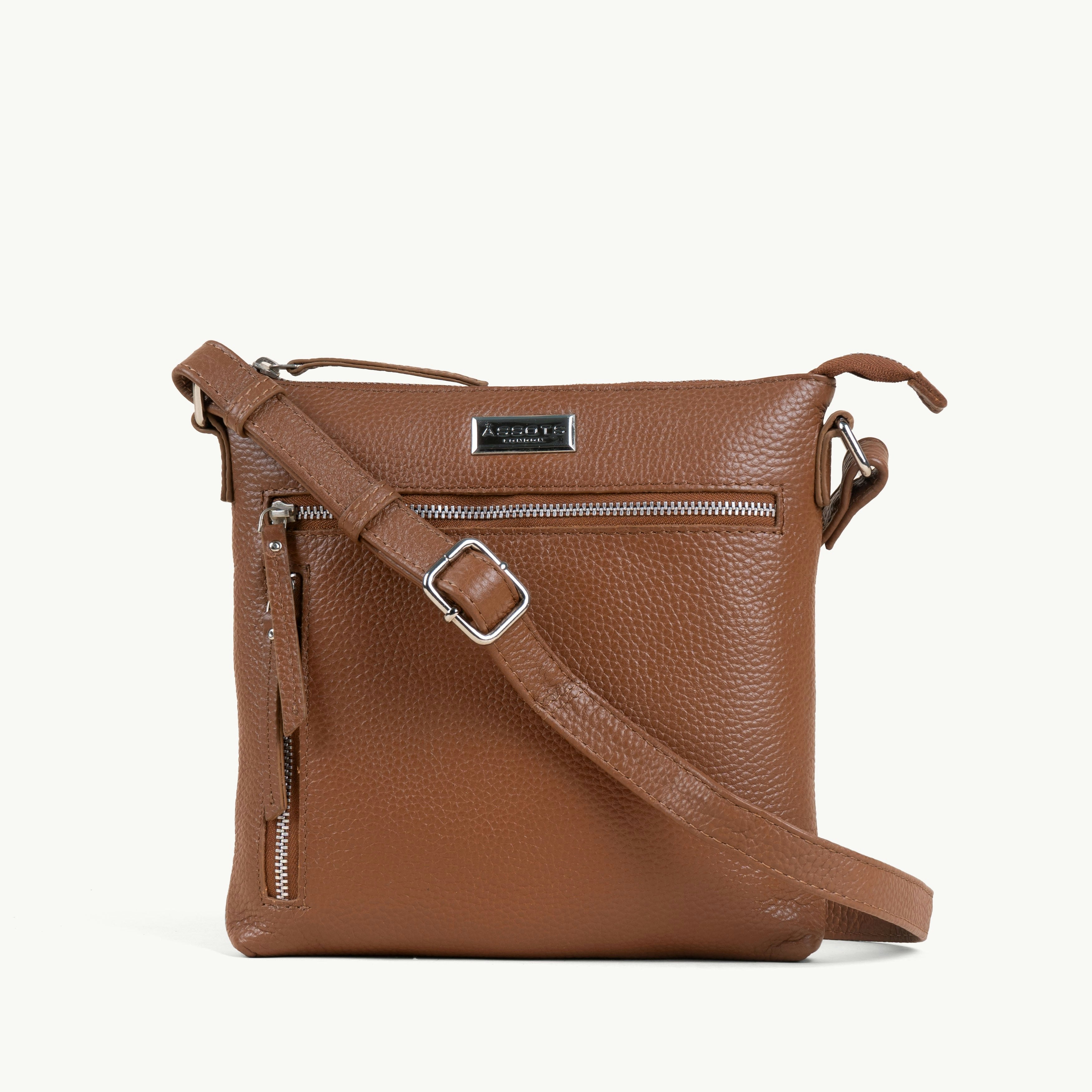 Assots London Grain 'Rue' Tan Pebble Real Leather Crossbody Bag