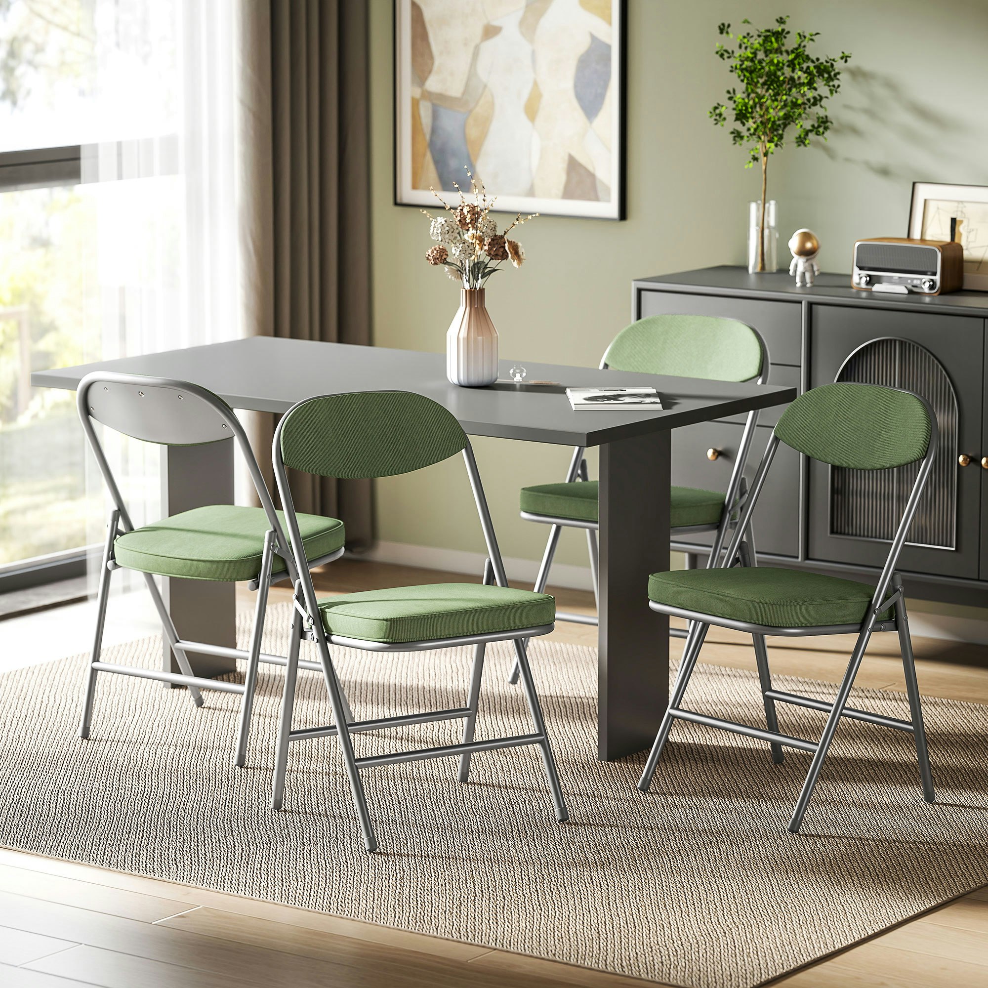 Rackhams Green Folding Chairs Set Of 4 With Cushioned Seat, Steel Frame, - 4 - Corduroy, Steel, Sponge