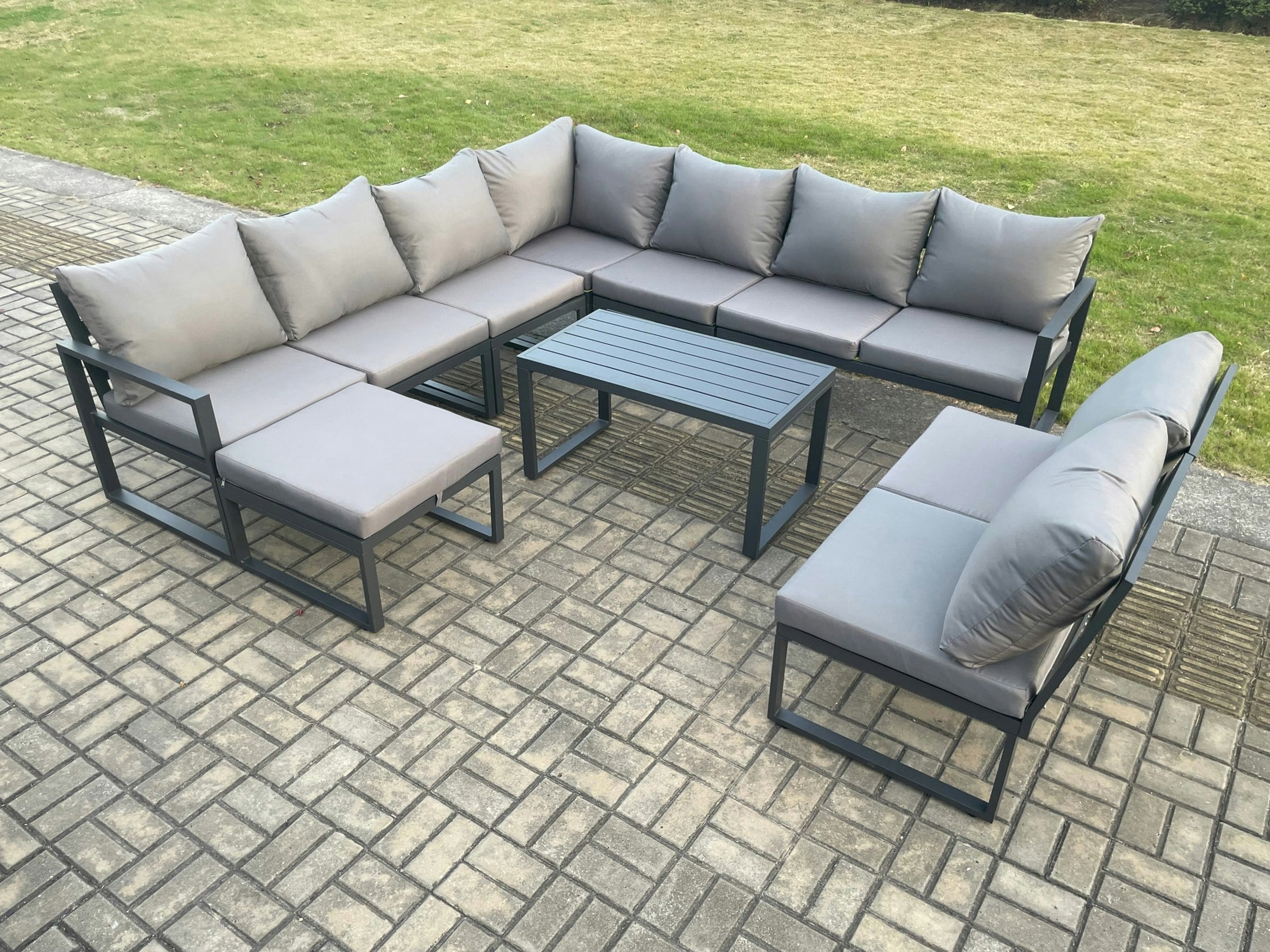 Rackhams Dark/Grey Aluminium 10 Seater Patio Outdoor Garden Furniture Lounge Corner Sofa Set With Oblong Coffee Table With Big Footstool