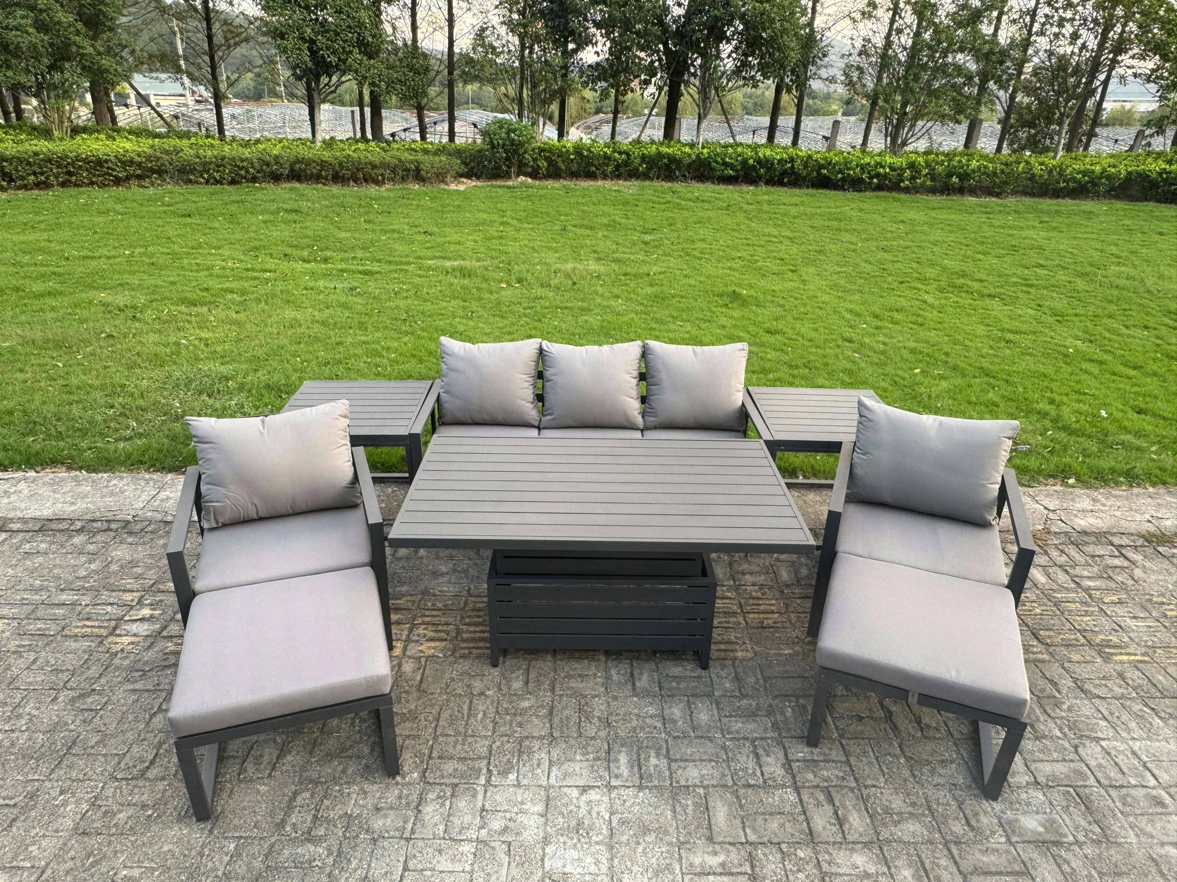 Rackhams Grey 7 Seater Aluminium Garden Furniture Set With Adjustable Rising Dining Table, 2 Chairs, 2 Footstools, 2 Side Tables