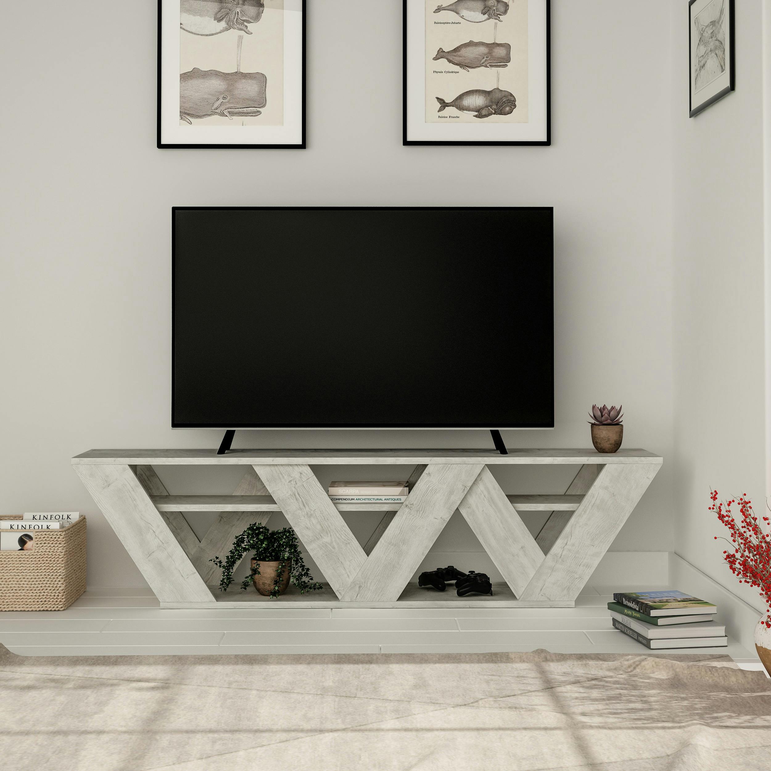 Decortie White Ralla Modern Tv Unit With Shelves 65" 158Cm - Ancient