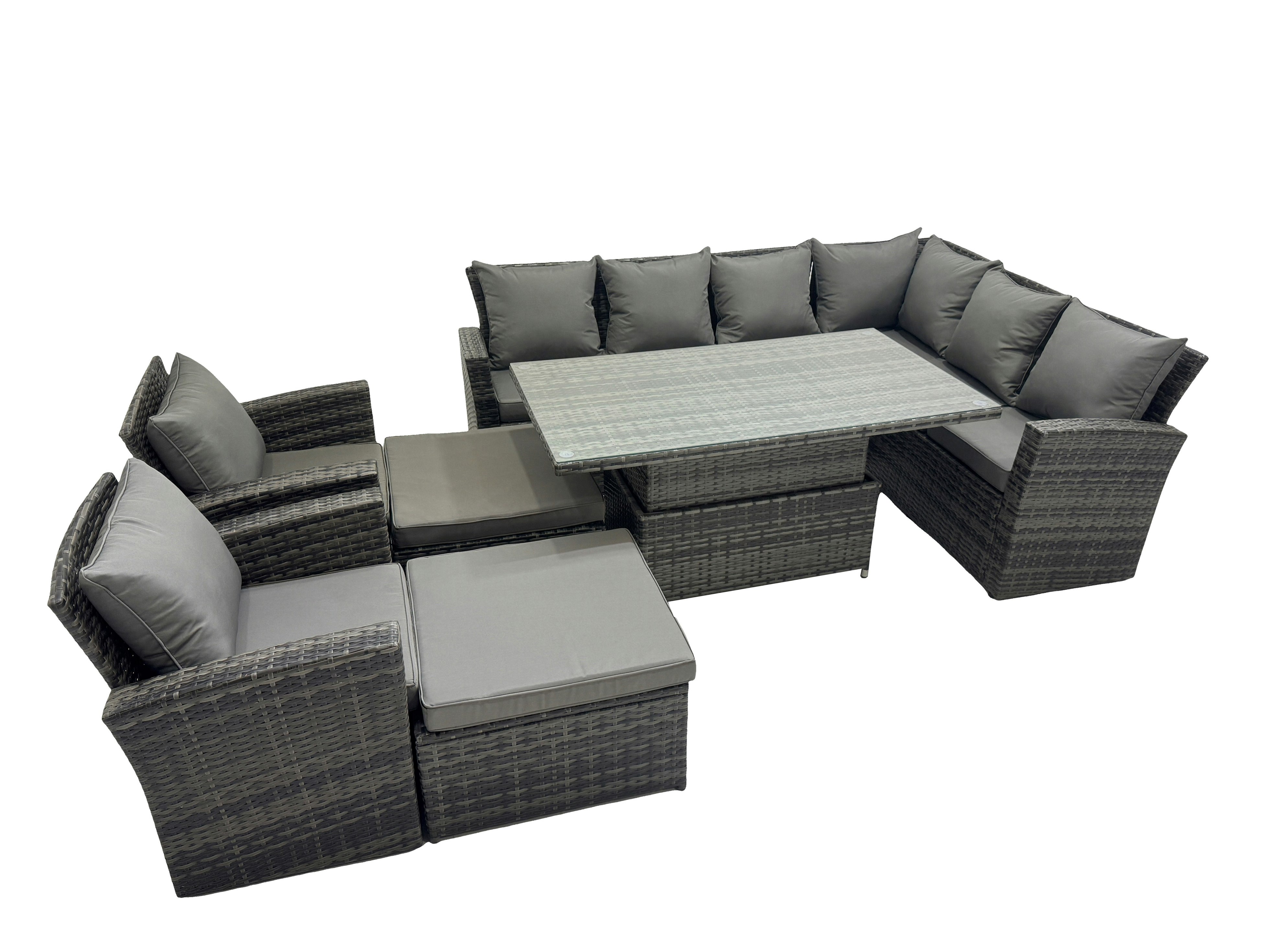 Fimous Dark/Grey 10 Seat Rattan Garden Furniture Corner Sofa Set Outdoor Adjustable Lifting Dining Or Coffee Table Set With 2 Big Footstools Mixed