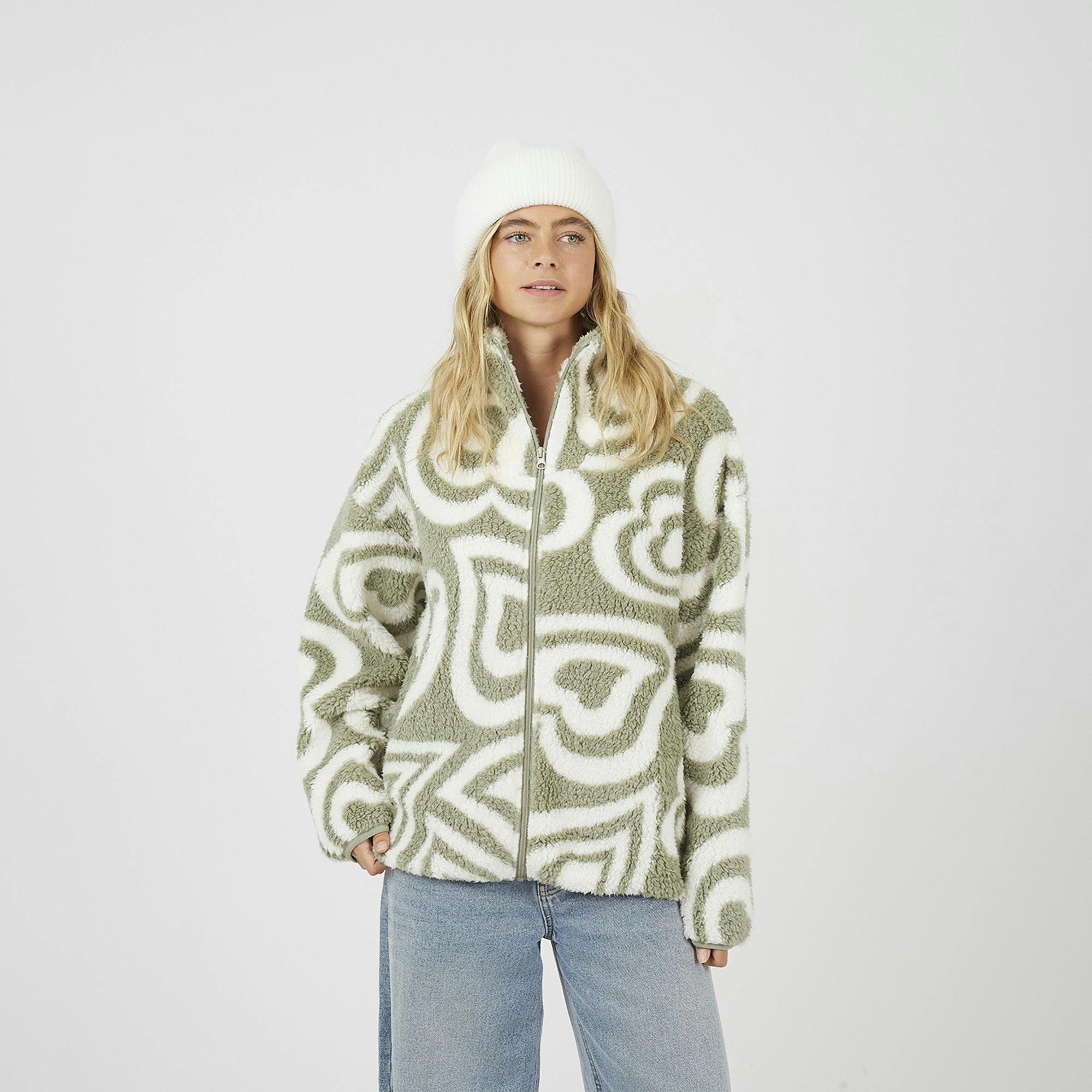 Brave Soul Green Graphic Heart Print Zip Through Sherpa Fleece - Pale - Pale - Xs