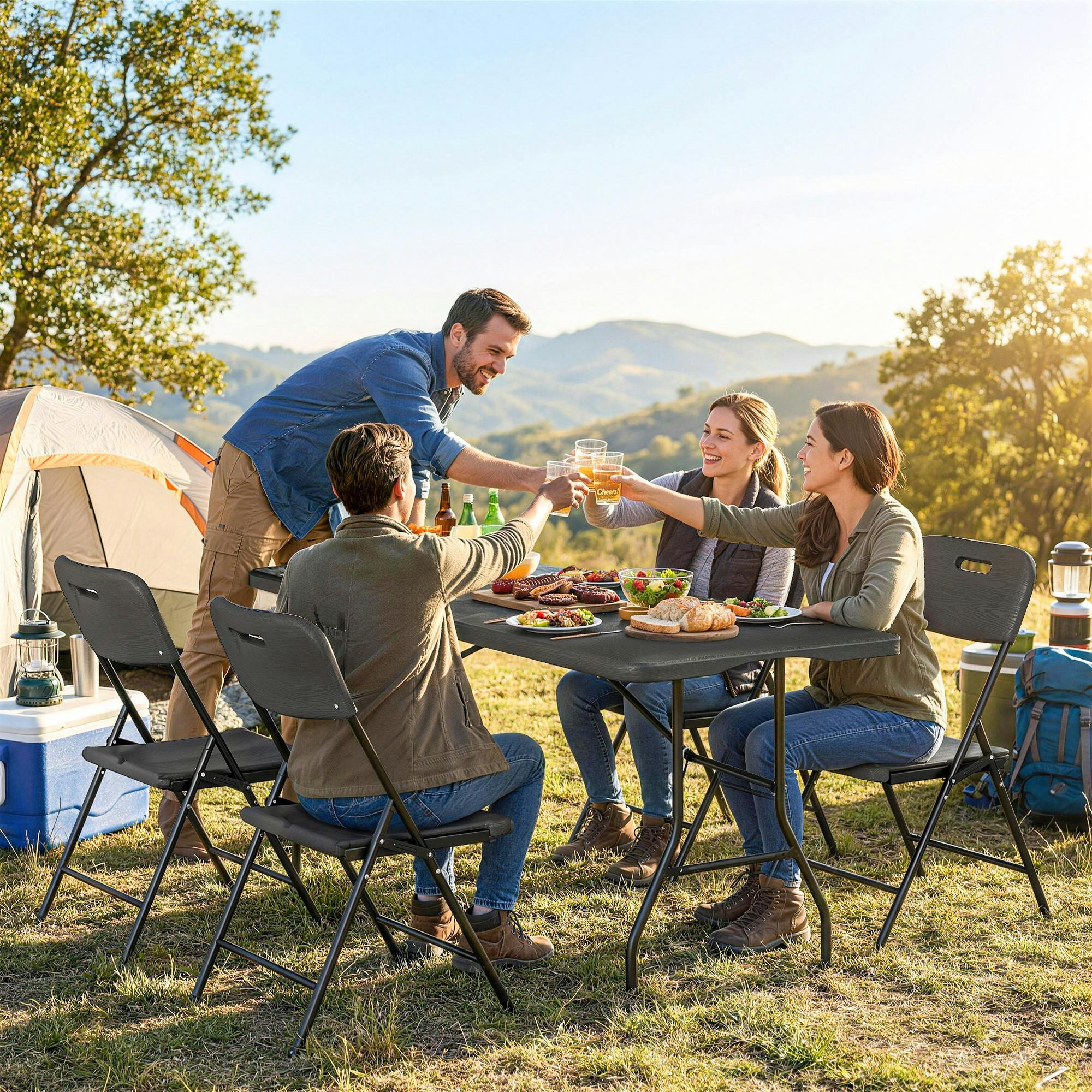 Outsunny Black 5 Piece 6Ft Foldable Table And Chairs, Portable Picnic Table Set - Portable Picnic Table Set - 180 X 74 X 74 Cm