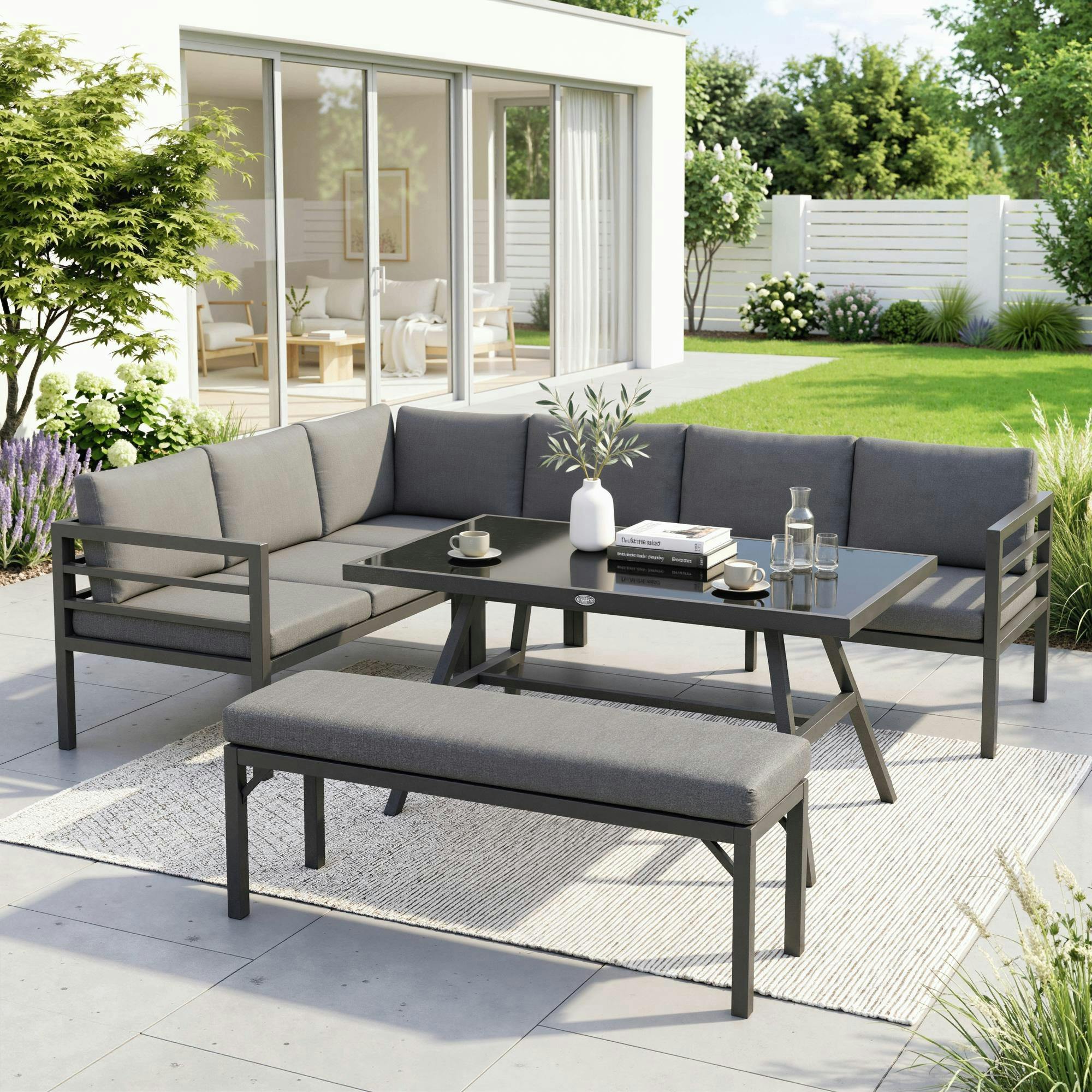 Rackhams 8-Seater Aluminium Garden Dining Sofa Furniture Set With Cushions