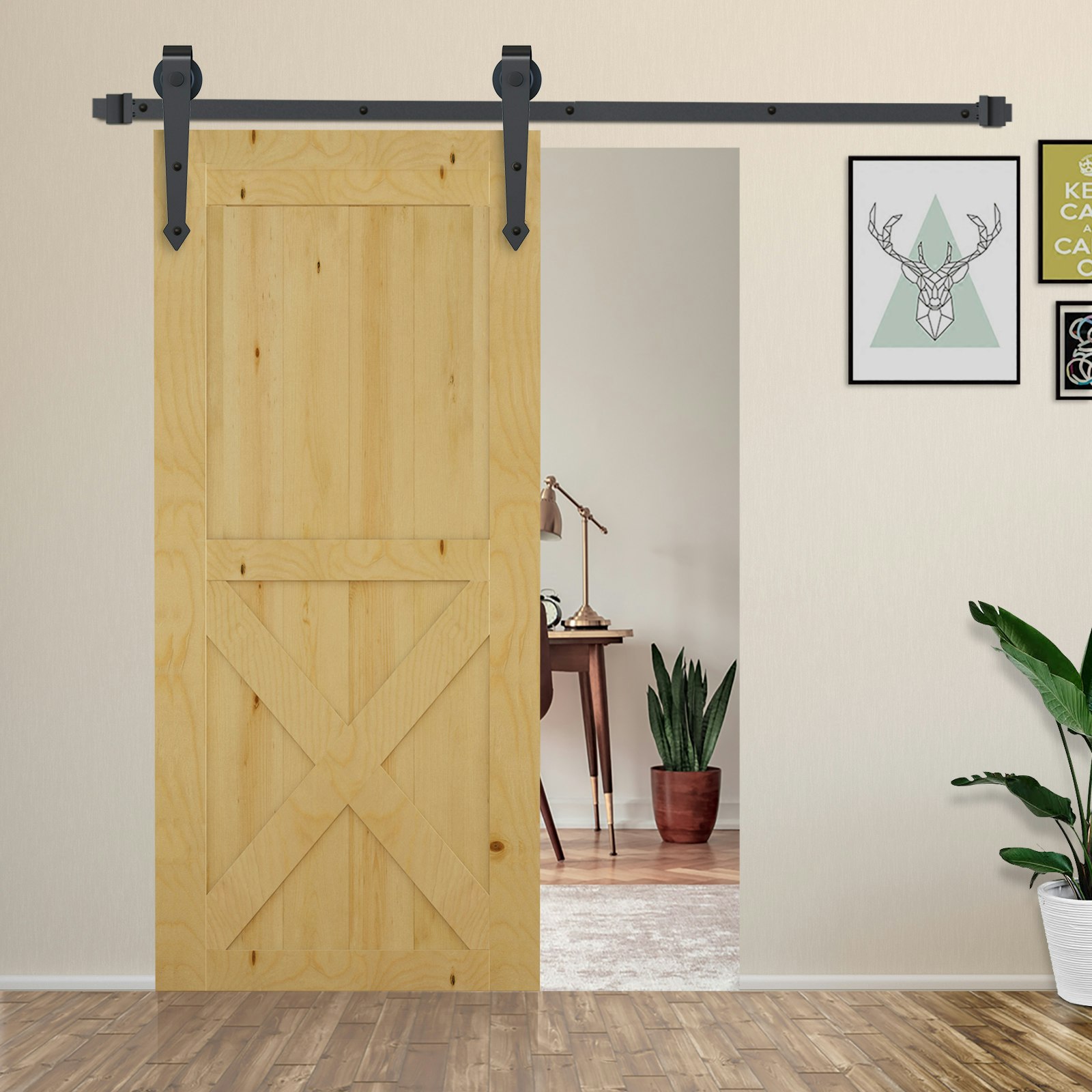 Rackhams Brown Sliding Wood Barn Door Track System Kit Hardware Set