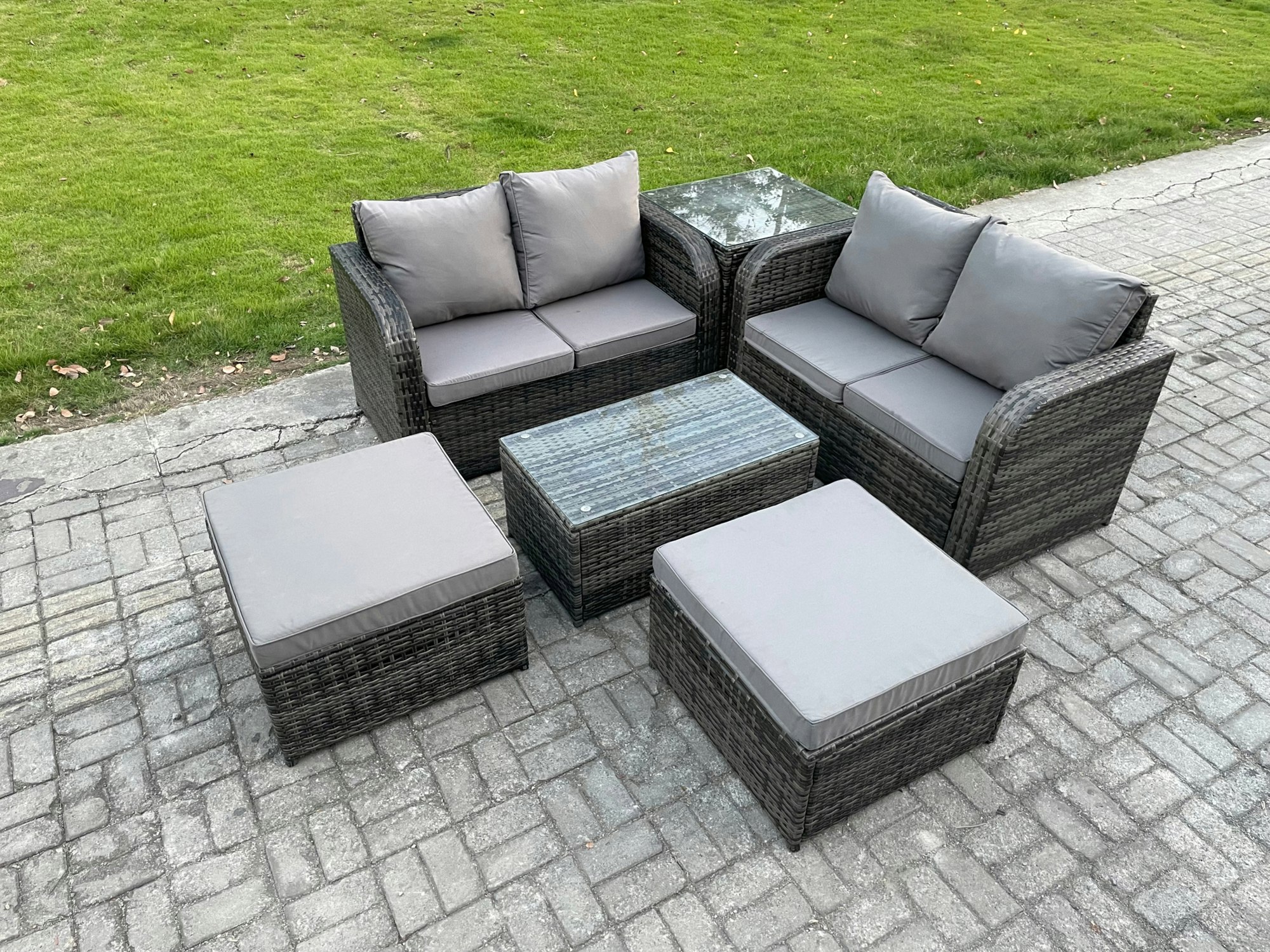 Fimous Dark/Grey 6 Seater Garden Furniture Set Rattan Outdoor Lounge Sofa Chair With Tempered Glass Table 32 Big Footstools Side Table Mixed