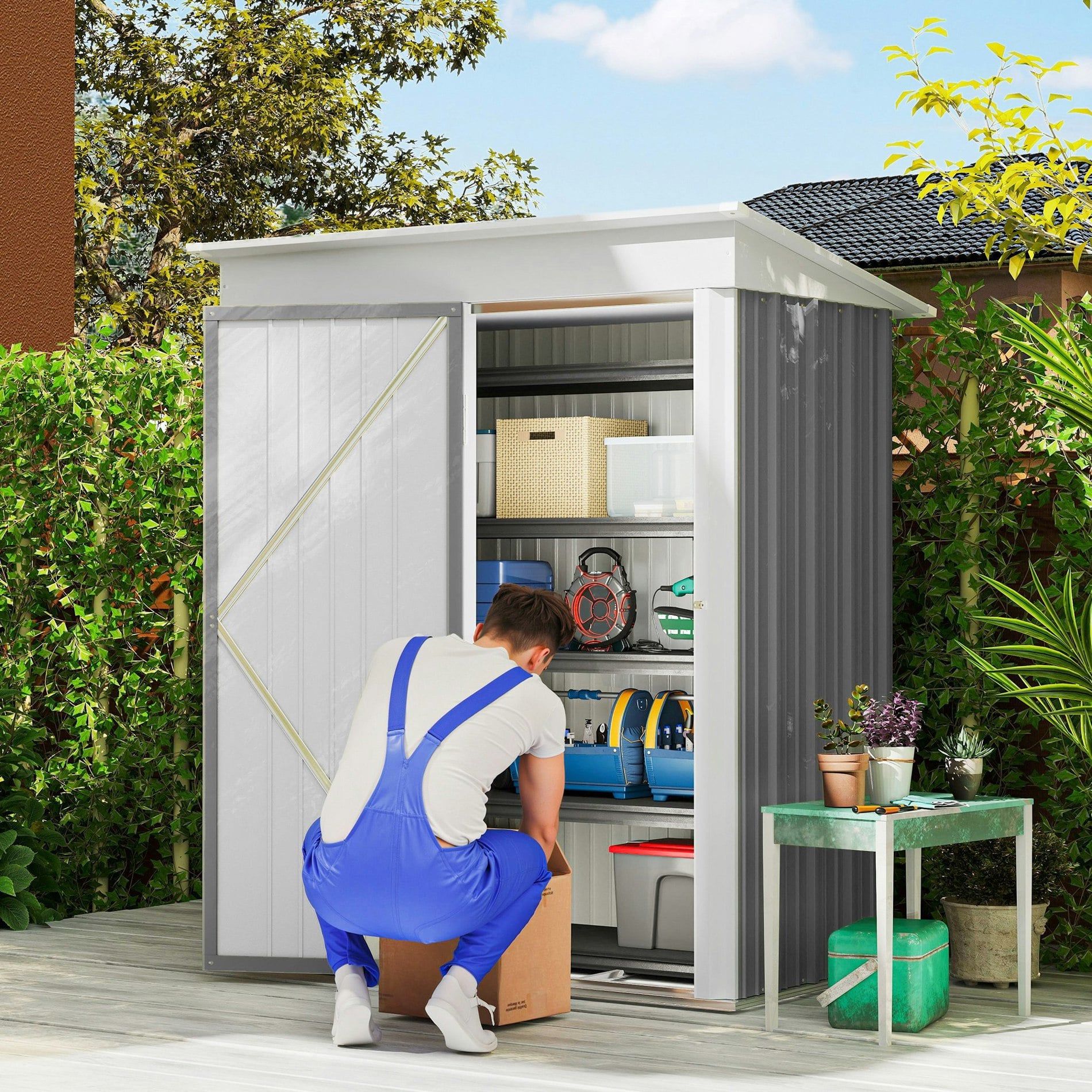 Rackhams Grey Steel Garden Shed, Small Lean-To Shed For Bike, 5X3 Ft,