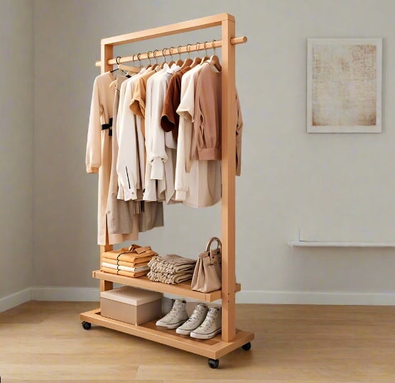 Rackhams Rolling Bamboo Clothes Rail With Shelf – Heavy Duty Wooden Garment Hanging Stand With Wheels