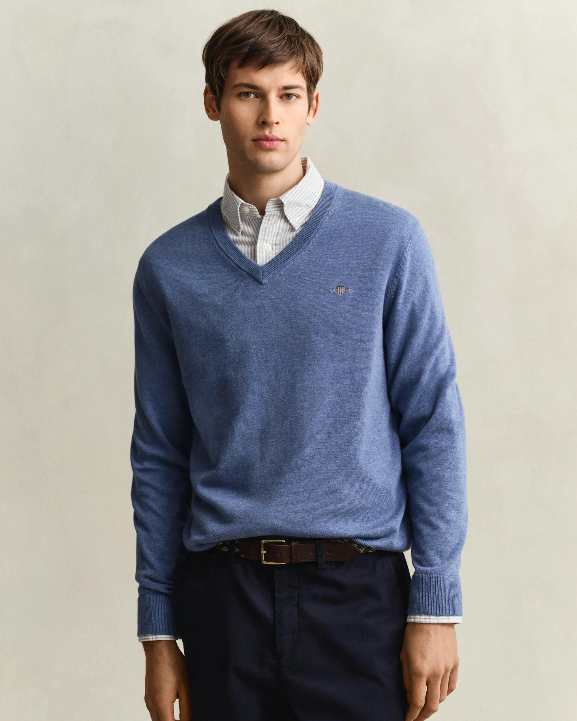 Gant Men's Blue Classic Cotton V-Neck Jumper - 906 Denim Melange - 906 Denim Melange - Xxl