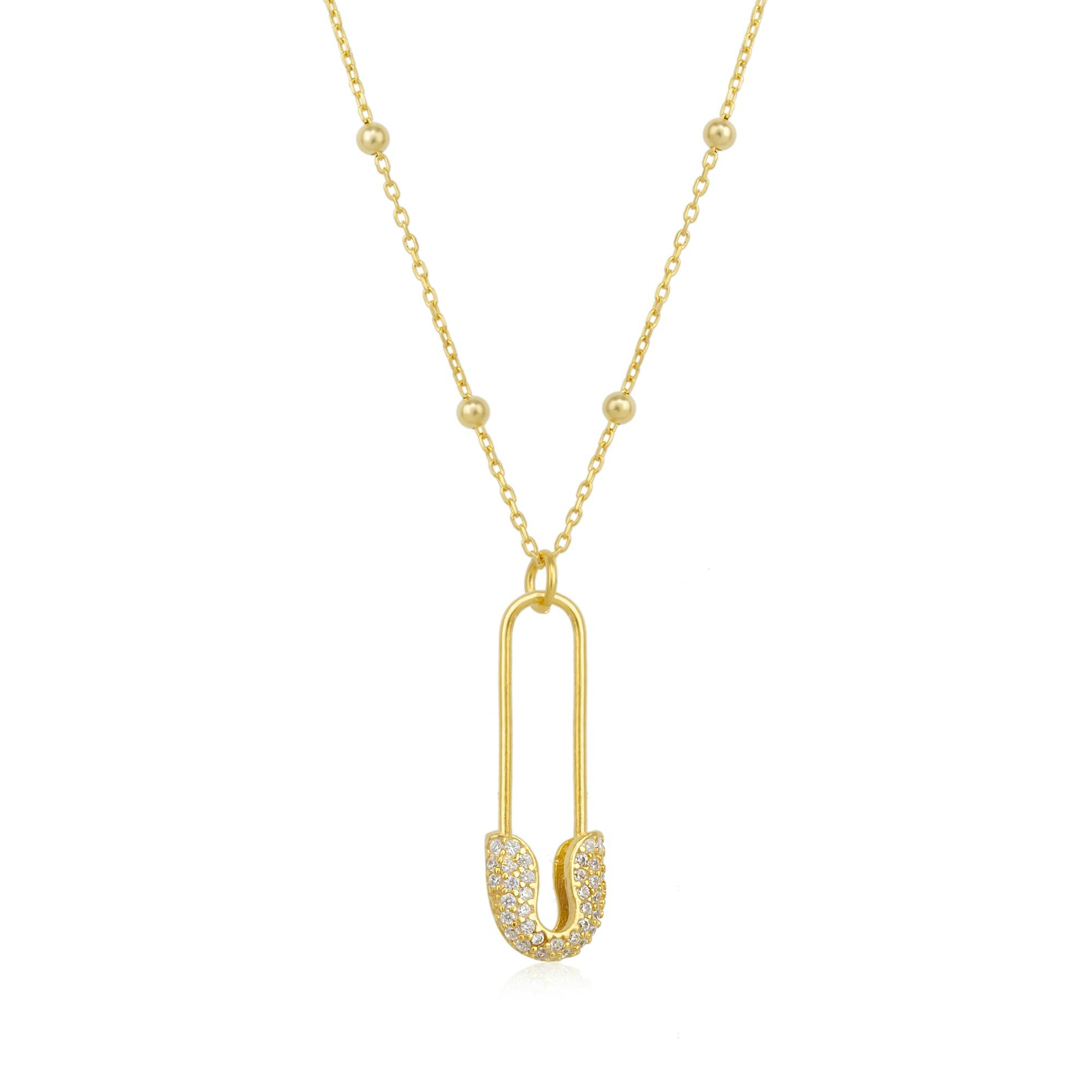 Spero London Silver/Gold Sterling Jewelled Safety Pin Necklace With Beaded Chain