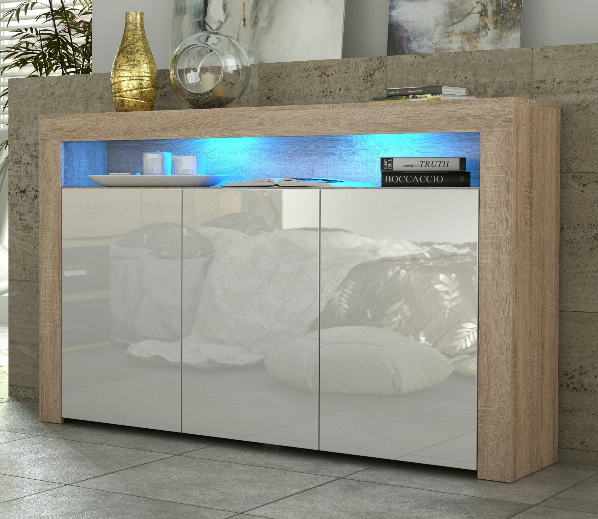 Rackhams White 155Cm Sideboard Tv Stand Cupboard Cabinet - High Gloss Doors & Free Led - 155Cm - Oak Matt Body & Gloss Doors - 1
