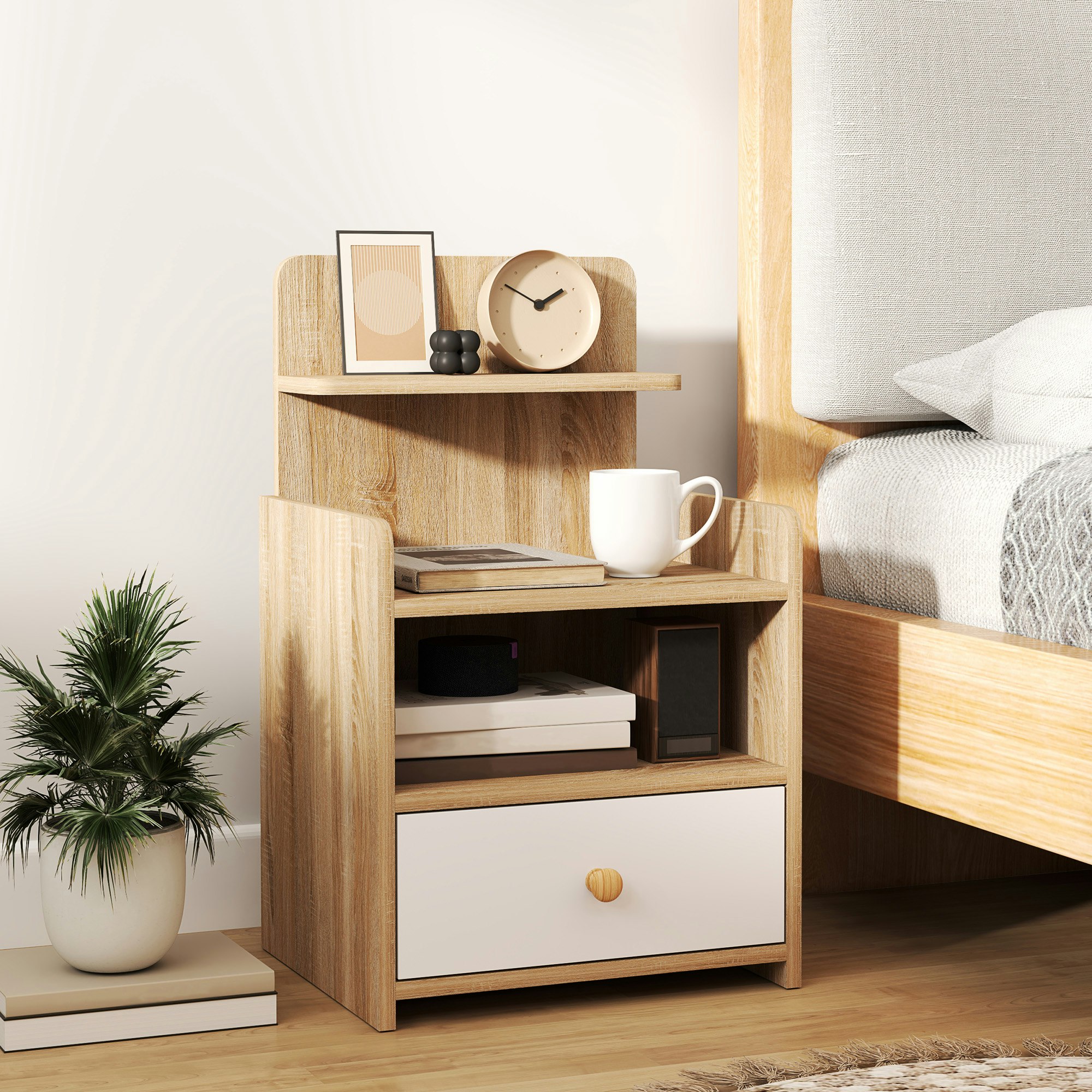 Homcom Bedside Table With Drawer For Bedroom, Living Room, Natural Wood Effect