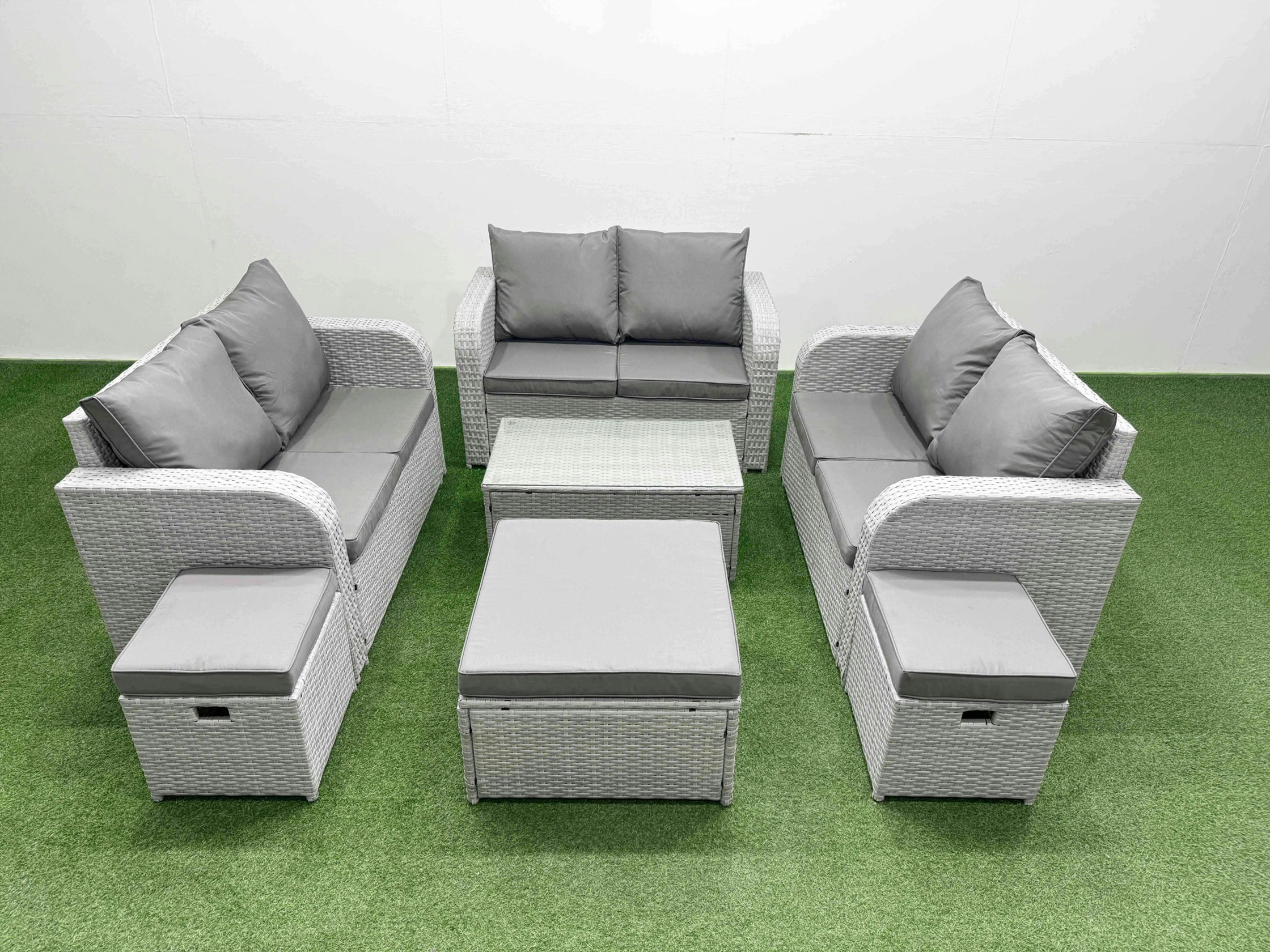 Rackhams Light/Grey 8 Seater Pe Wicker Rattan Furniture Sofa Sets With Rectangular Coffee Table 2 Seater Love Sofa 2 Stool 2 Side Table